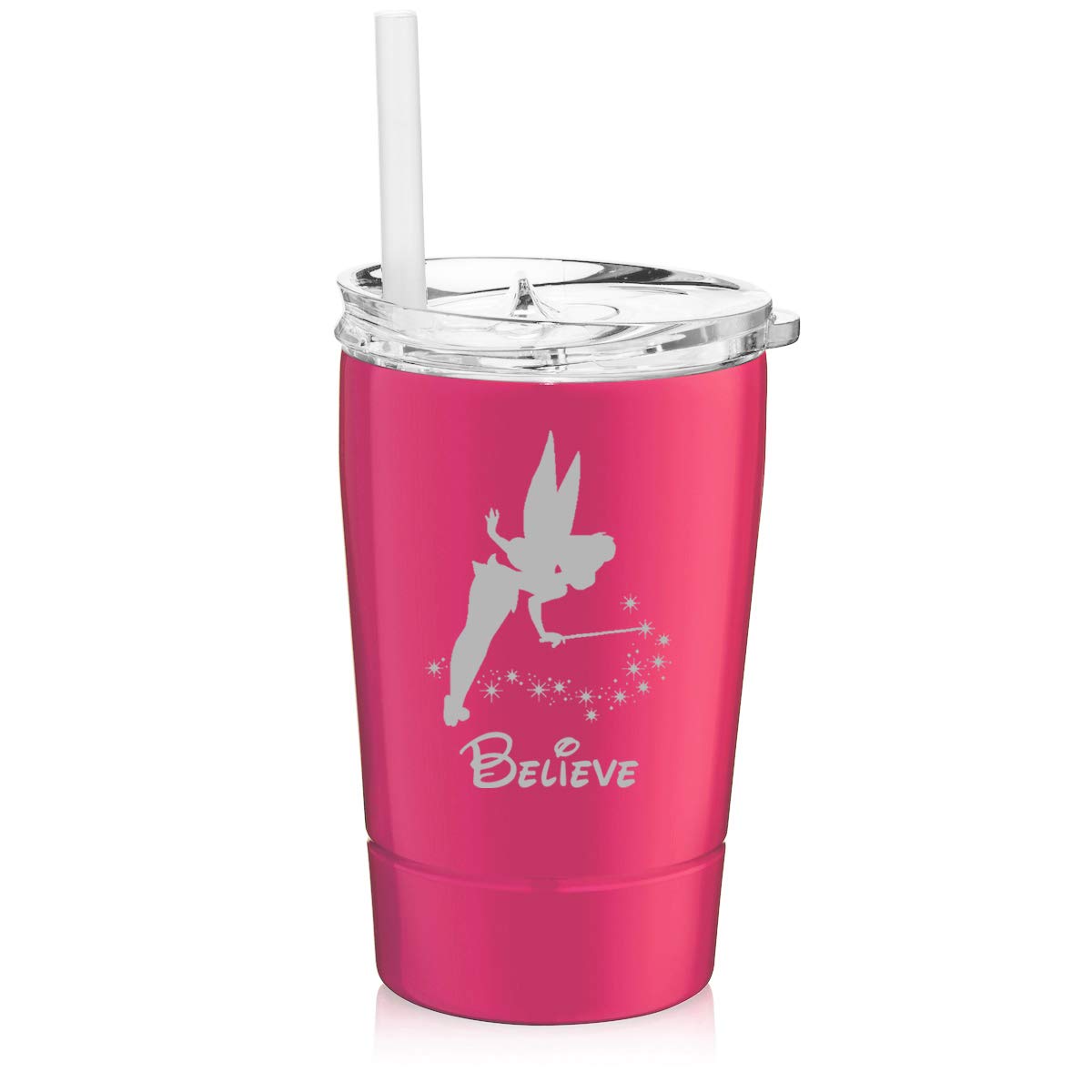 12 oz Stainless Steel Vacuum Insulated Tumbler with Straw - Double Wall Insulated Coffee Travel Mug for Hot & Cold Drinks - Fairy Believe Design (Hot Pink) - Perfect for Office, Gym, Hiking & Daily Commute