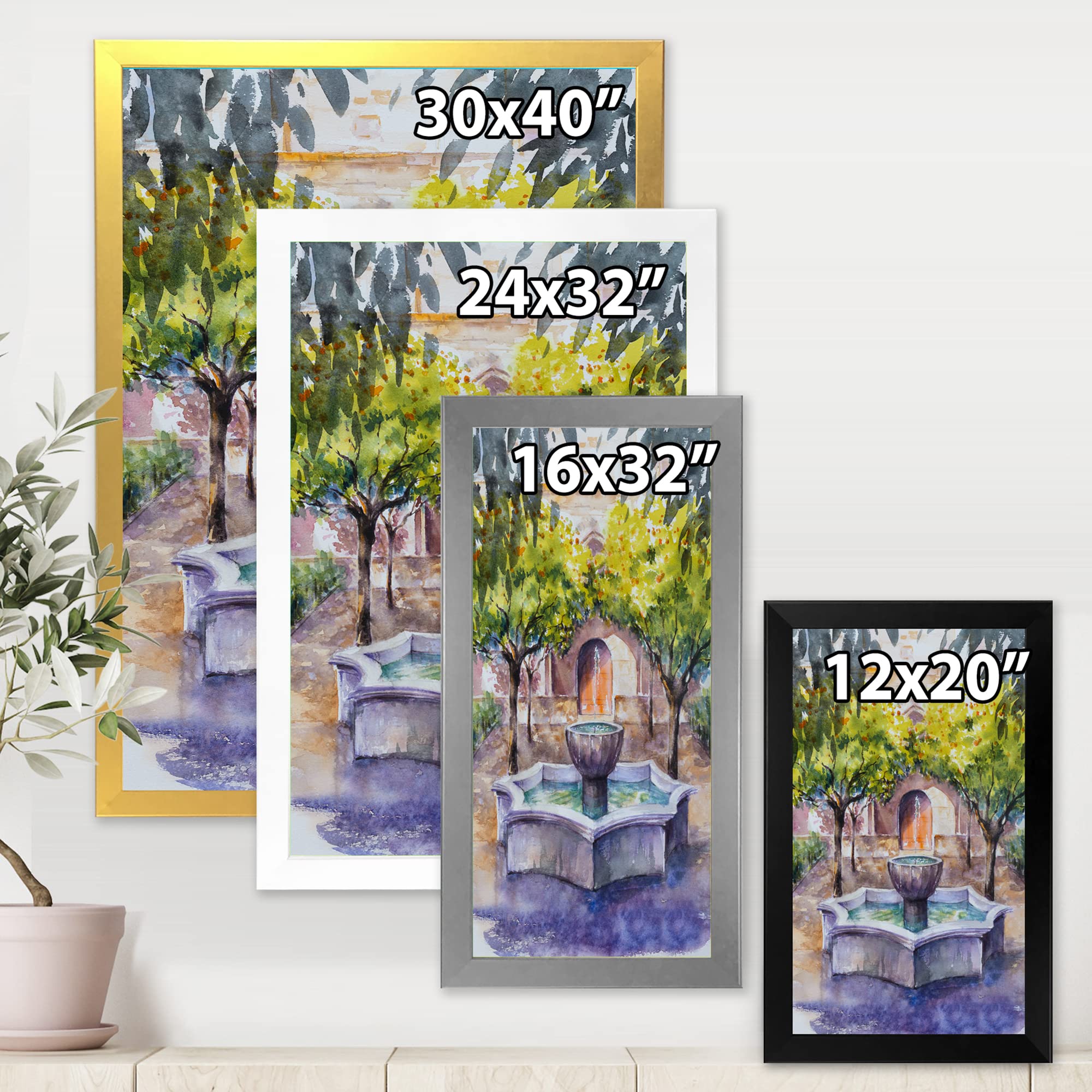 DesignQ Small Framed Wall Art - Village Country Landscape with Trees and Fountain Picture - Perfect for Living Room, Bedroom, or Office Decor