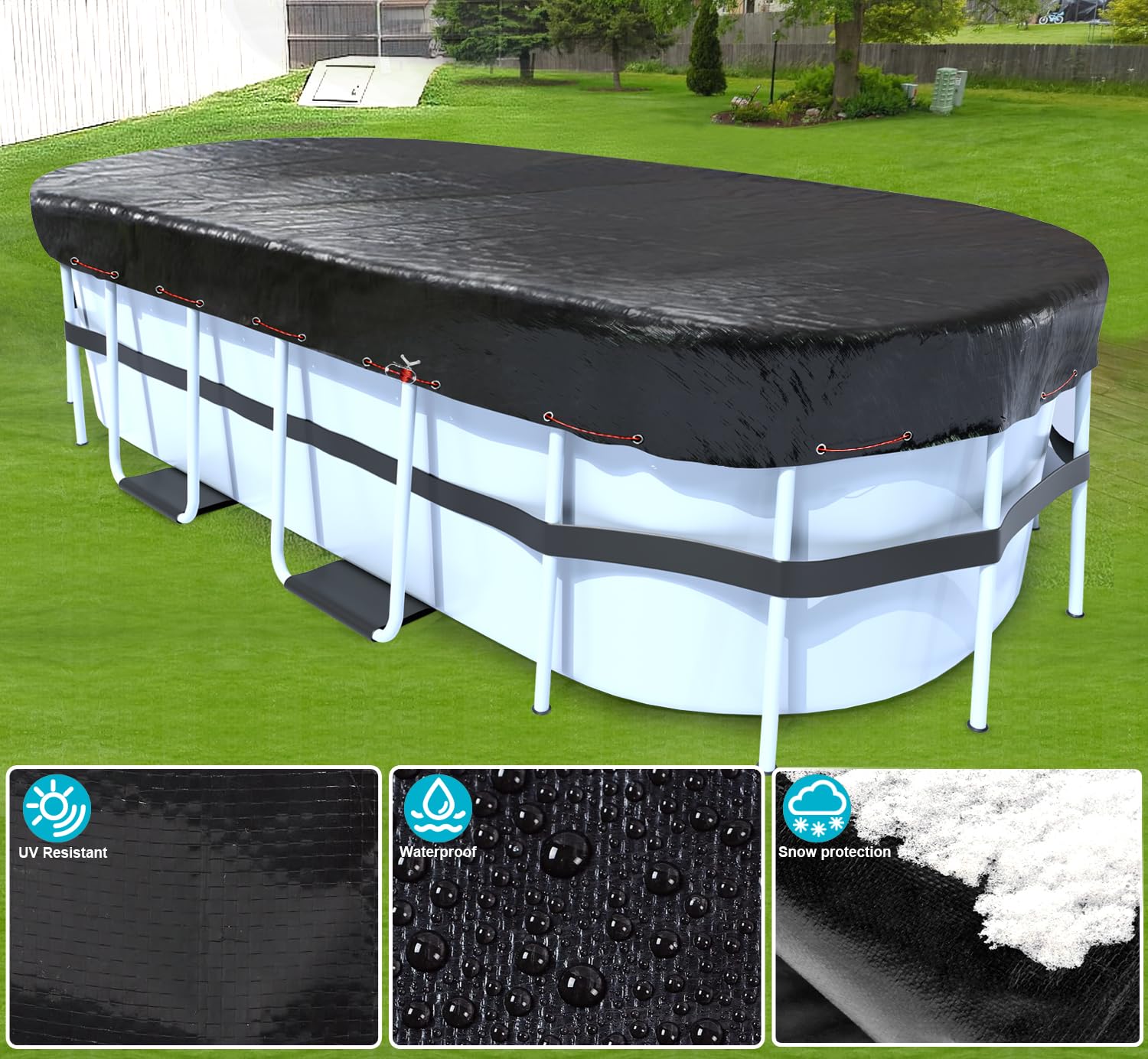 Heavy Duty 18x33 FT Black Rectangular Solar Pool Cover for Above Ground Pools - Waterproof, Dustproof Winter Protection for Oval Frame Pools | Ideal for Backyard, Garden & Outdoor Swimming Pool Maintenance