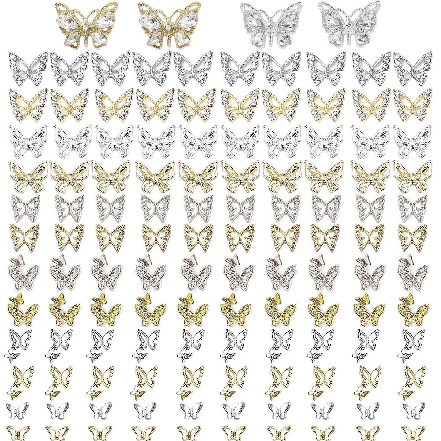 124 PCS Butterfly Nail Charms - Silver & Gold Butterfly Nail Art Gems Rhinestones for Women - Perfect for Nail Art Design, DIY Manicures, and Party Nail Decorations