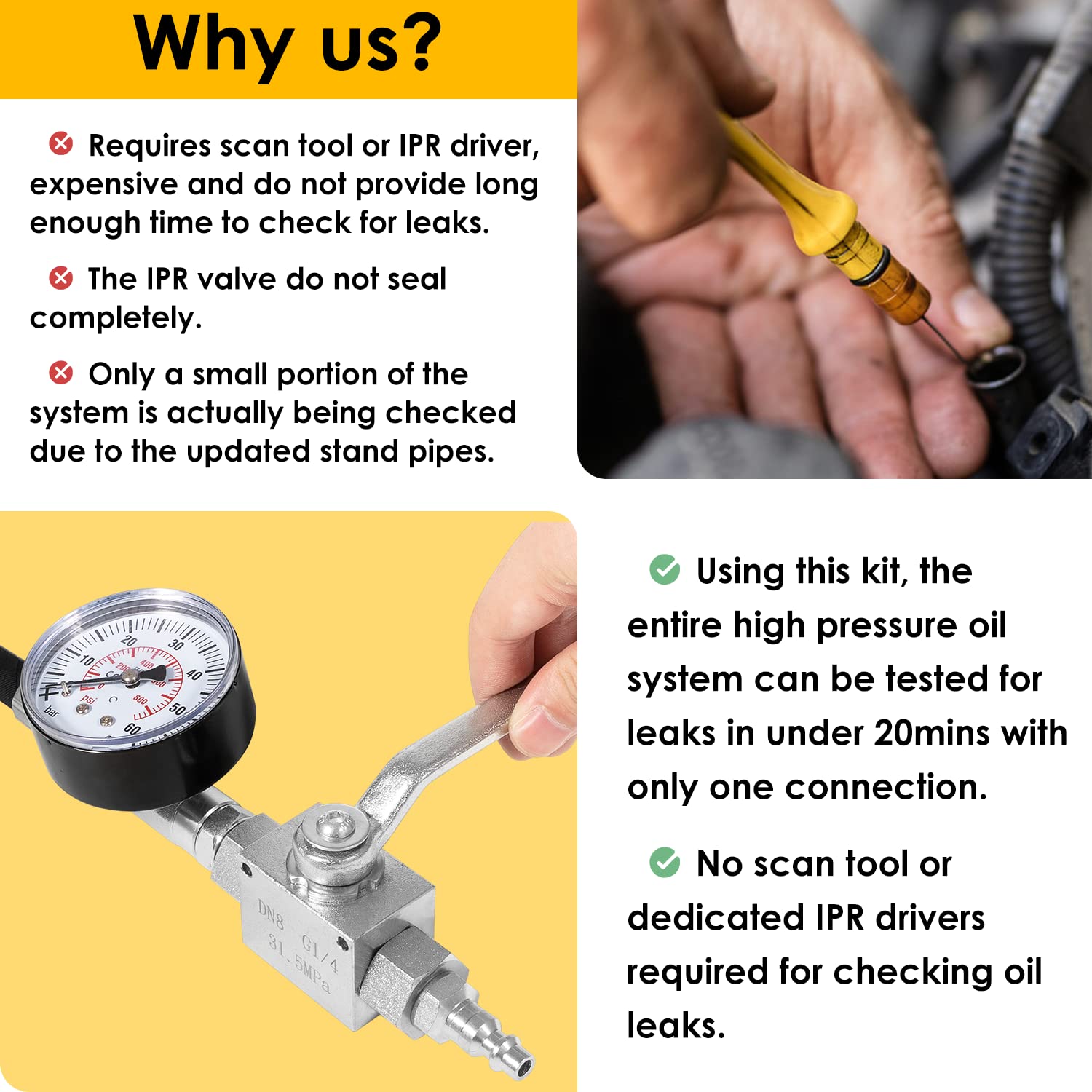 Ford 6.0L 7.3L Powerstroke High Pressure Oil System IPR Air Test Kit with Gauge - Diagnostic Tool for Diesel Engine Repair & Maintenance (Workshop/Garage Use)