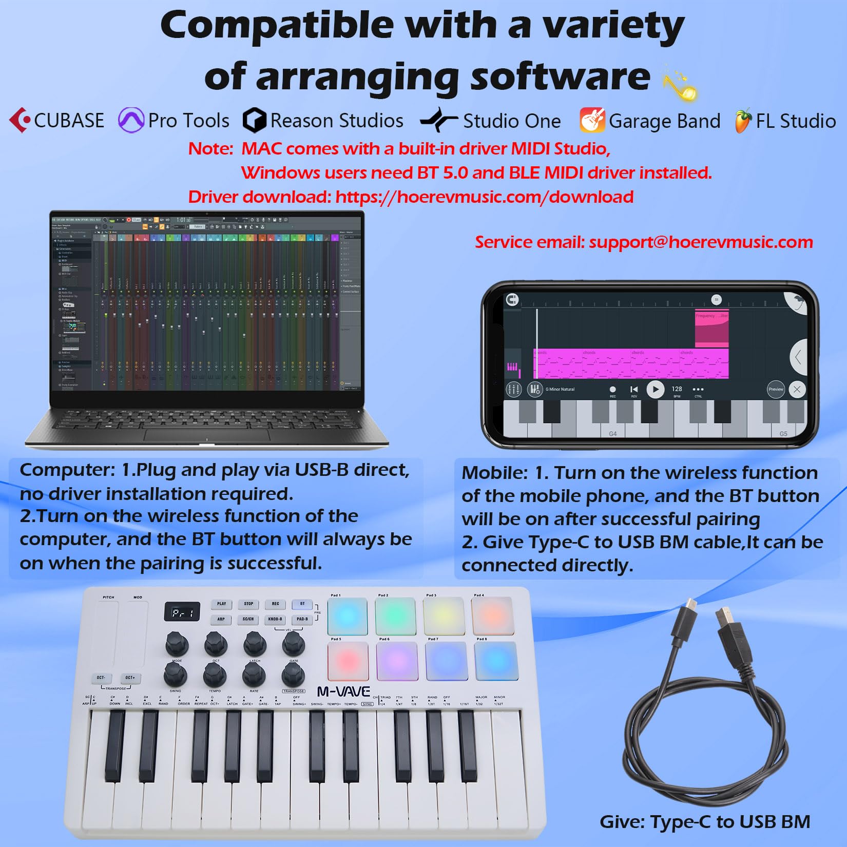 25-Key Backlit MIDI Keyboard with 8 Drum Pads - Wireless Beat Maker & Keytar for Music Production | Built-in Battery, White | Perfect for Studio Recording & Live Performances