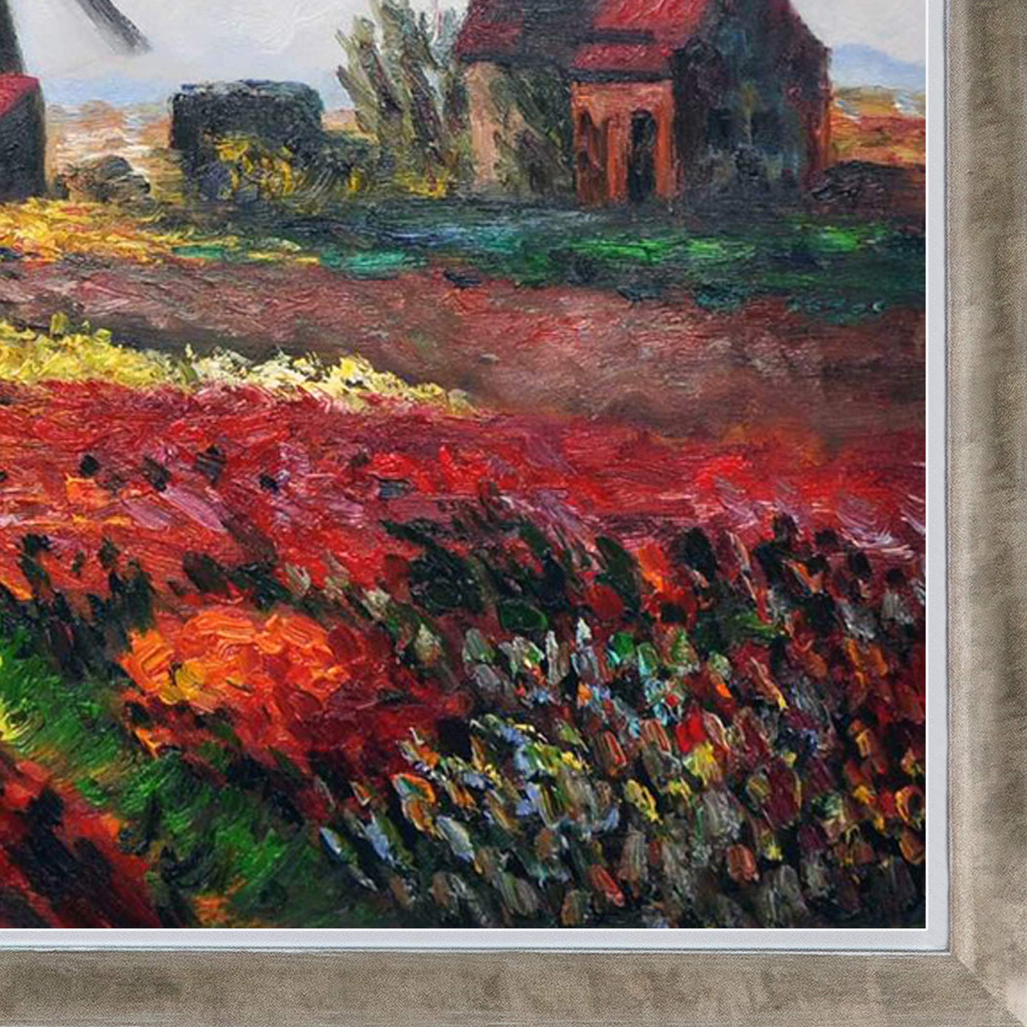 La Pastiche Hand-Painted Tulip Field with Rijnsburg Windmill Oil Painting Reproduction - 20x24 Inch Framed Wall Art, Champagne Silhouette - Perfect for Living Room, Bedroom & Office Decor