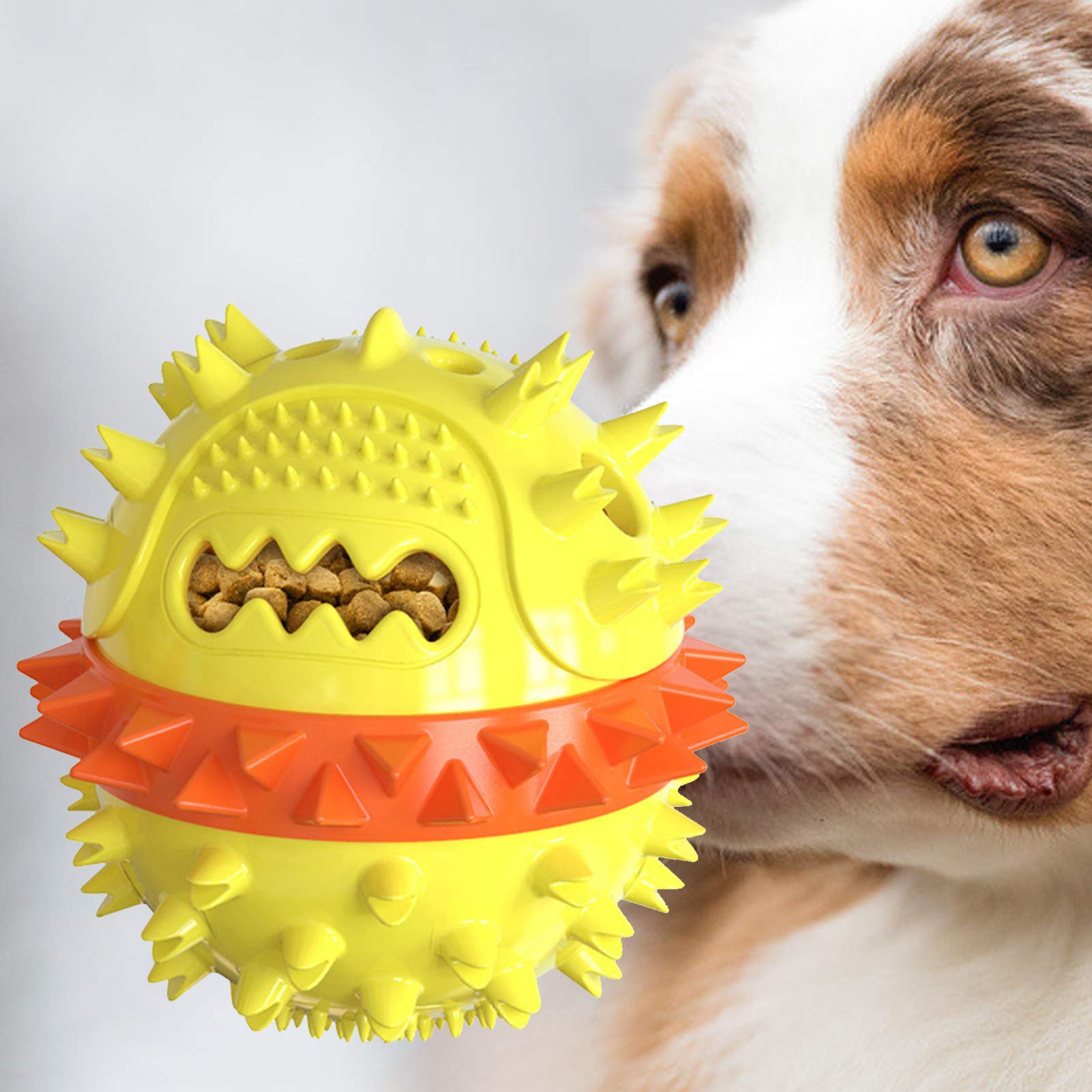 Durable Dog Chew Toys for Puppies - Squeaky Ball with Food Container & Teeth Cleaning - Interactive Training Toy for Small & Large Dogs (Yellow & Blue) - Perfect for Playtime, Teething Relief & Dental Health