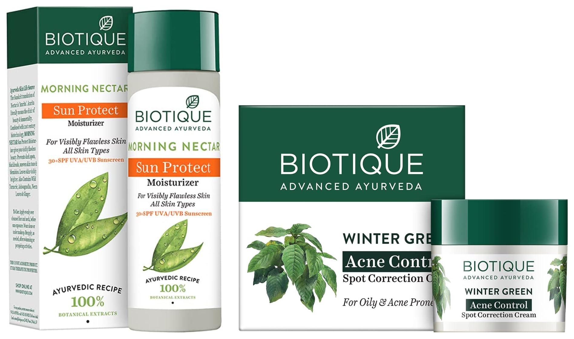 Biotique Bio Morning Nectar SPF 30+ Sunscreen & Winter Green Anti-Acne Cream Set - Ultra Soothing Face Lotion & Spot Correcting Treatment (120ml + 15g) for Daily Skincare & Acne-Prone Skin Care Routine