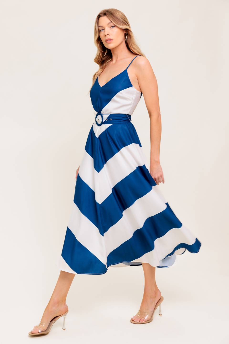 Stylish Coastal Charm Navy & White Midi Dress - Perfect for Beach Vacations, Summer Outings & Casual Elegance
