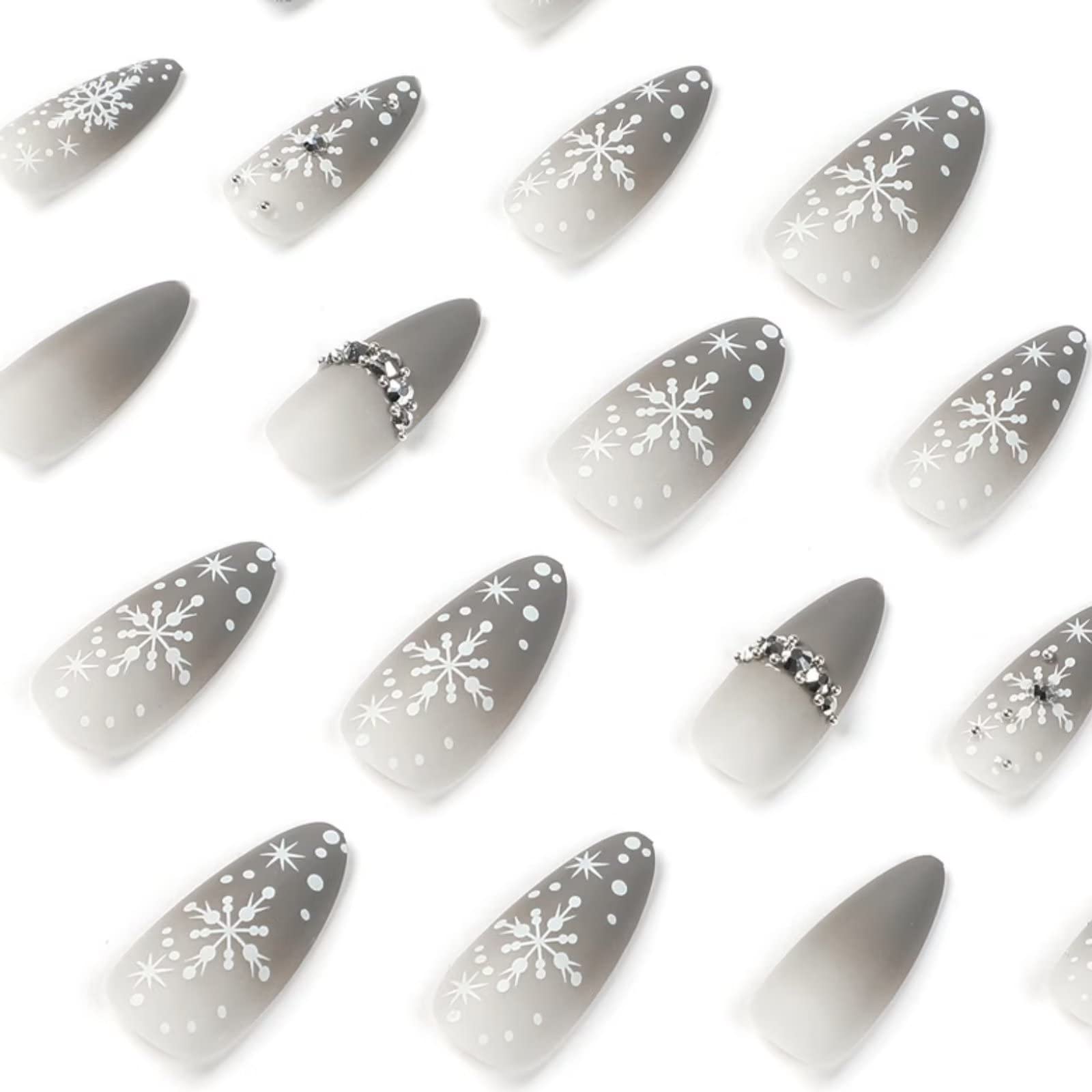 RUNRAYAY Christmas Gradient Grey French Ballerina Press On False Nails with Snowflake Rhinestones - Almond Natural Coffin Fake Nails for Holiday Parties, Gift Giving & Special Occasions