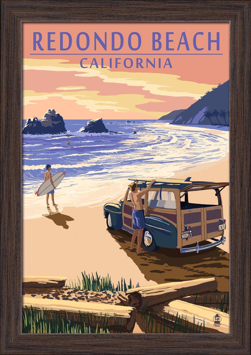 12x18 Giclee Fine Art Print - Redondo Beach California Landscape with Woody on Beach - Recycled Wood Frame in Espresso Brown - Perfect for Coastal Home Decor & Beach House Wall Art
