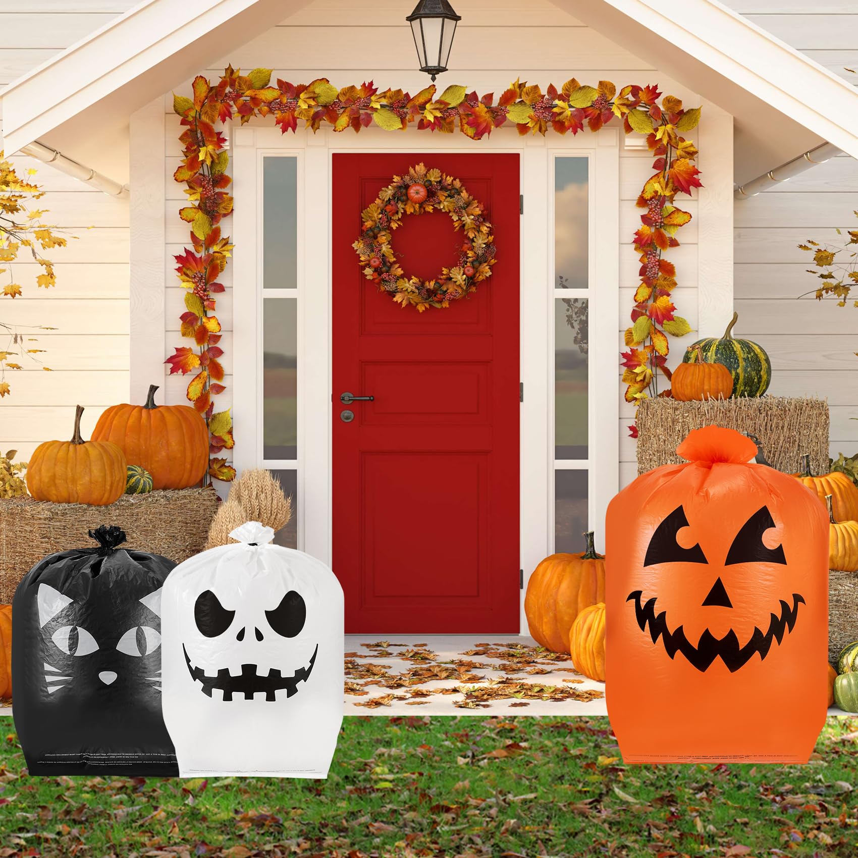 Guheake 9-Pack Halloween Pumpkin Leaf Bags with Twist Ties - Durable Plastic Jack-o-Lantern Lawn Bags for Fall Yard Decor, Thanksgiving Leaf Collection & Outdoor Garden Trash - Perfect for Halloween Parties, Autumn Cleanup & Seasonal Home Decor