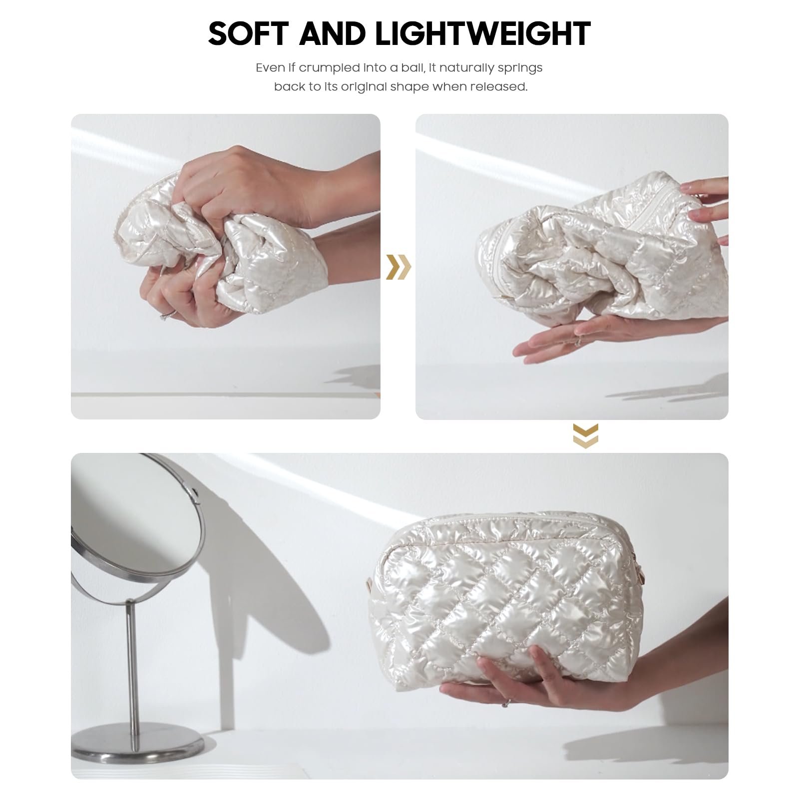 Waterproof Quilted Makeup Bag for Women - Travel Cosmetic Organizer Pouch with Zipper, Portable Puffer Toiletry Bag - Perfect for Daily Use, Gym, Vacation & Airplane Essentials (White)