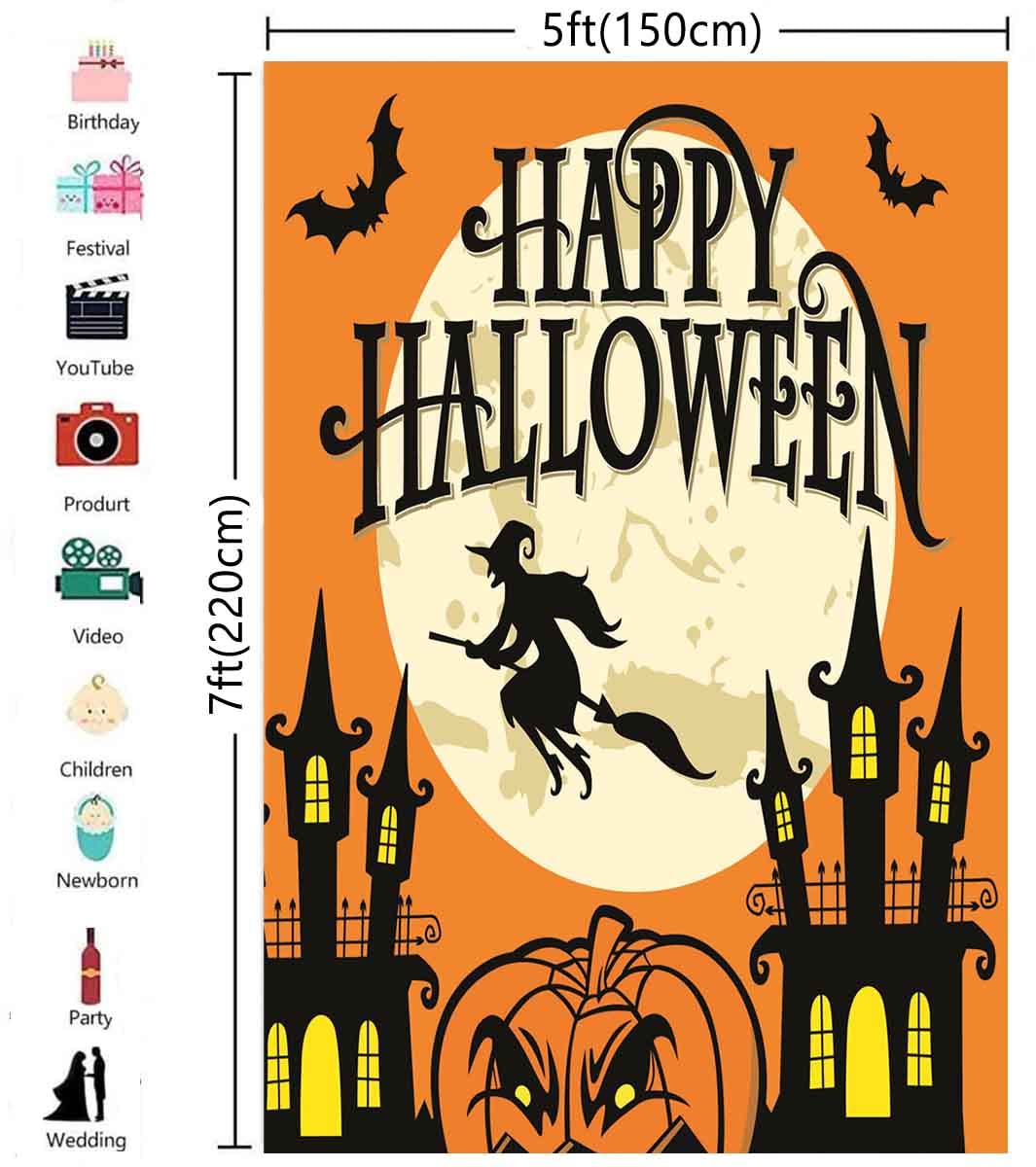5x7ft Halloween Backdrop - Pumpkin Castle Bats for Kids Photography