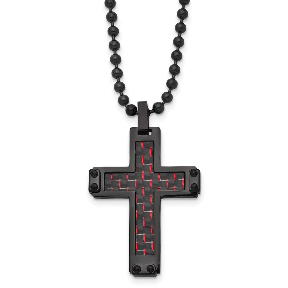 Black Plated Stainless Steel Cross Necklace with Carbon Fiber Accent - 22 Inch Chain, Blk/Red | Perfect for Gifts, Religious Jewelry & Everyday Wear