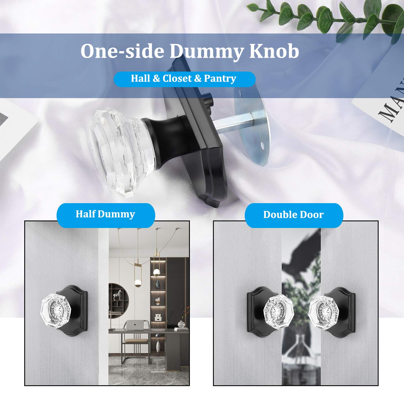 10 Pack Crystal Door Knobs - Clear Glass with Black Rosette for Closet & Pantry Doors