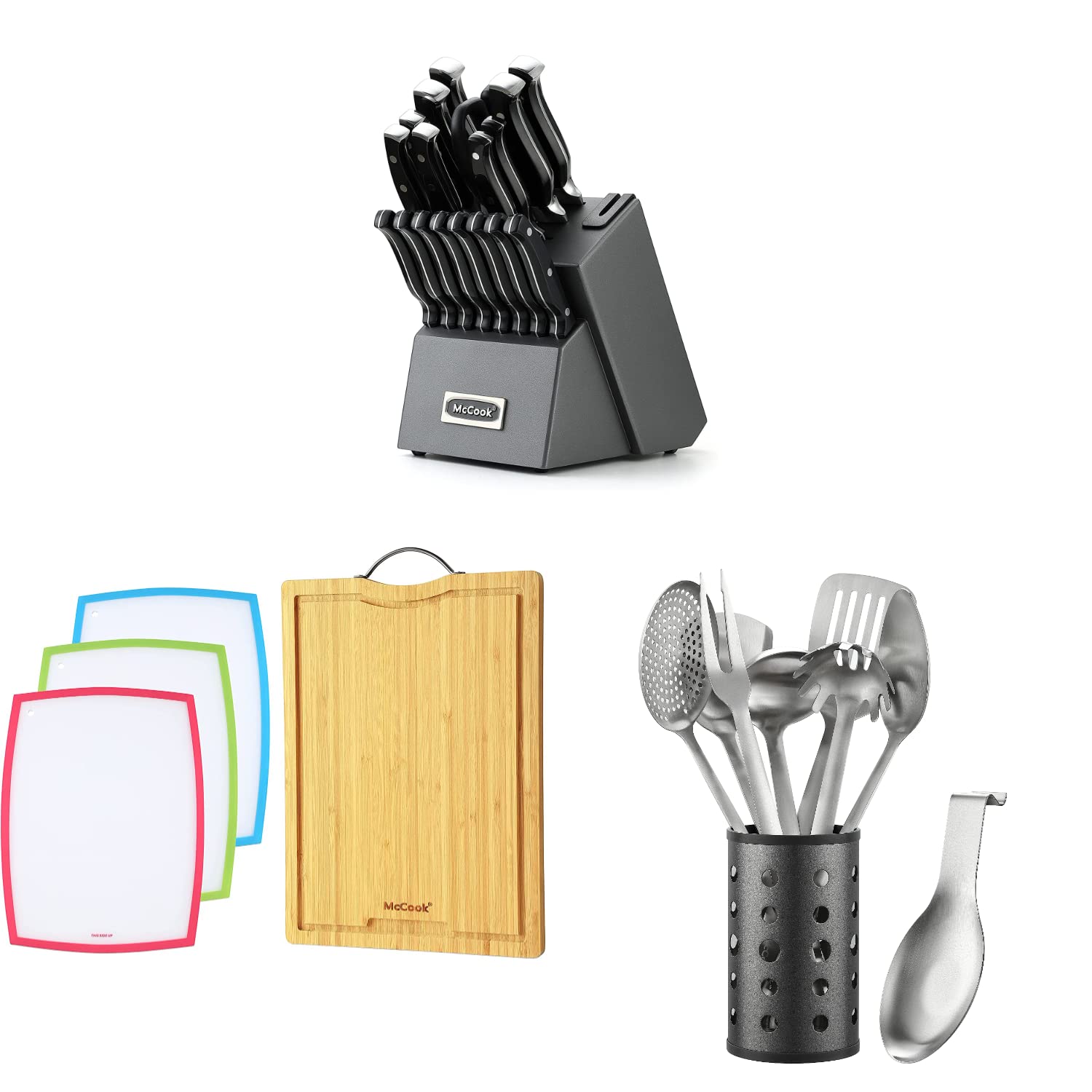 Premium 20-Piece Stainless Steel Forged Kitchen Knife Set with Built-in Sharpener + 4-Piece Bamboo Cutting Board Set (Small 15.4x10.2x0.8