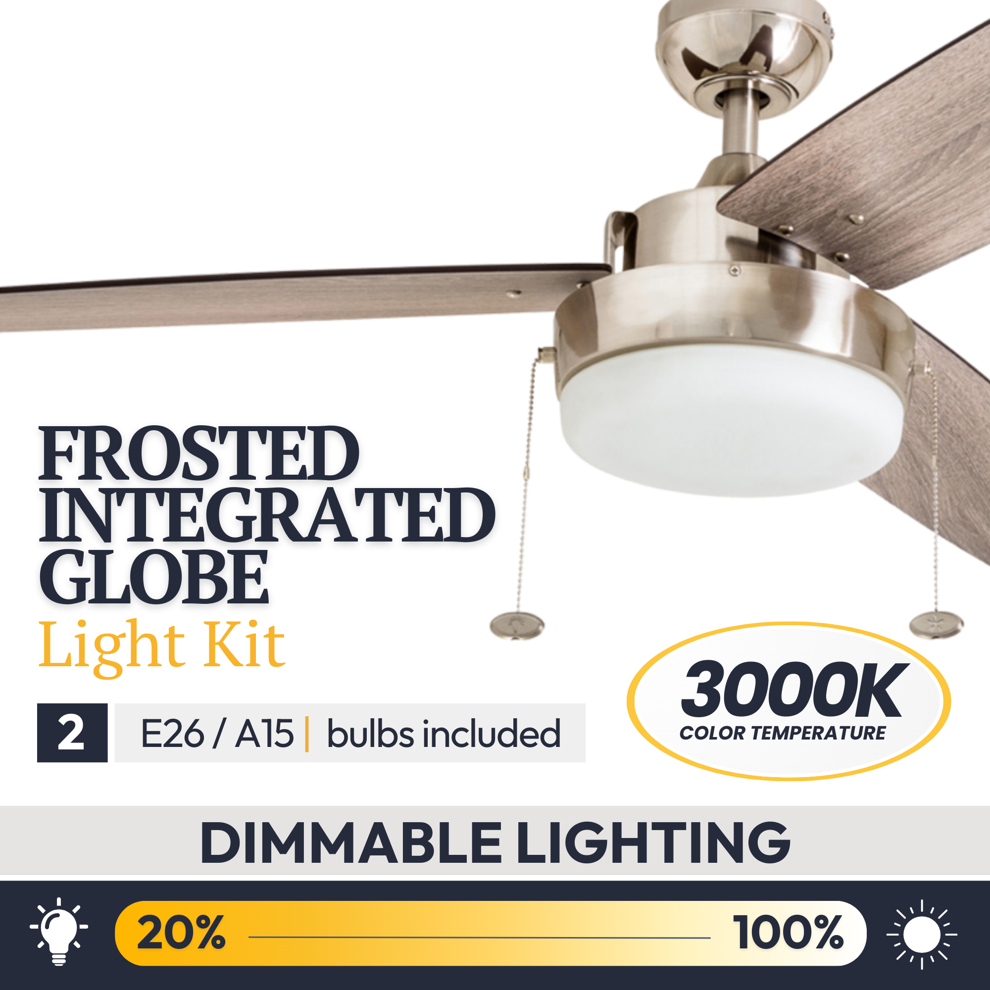 52 Inch Statham Brushed Nickel Ceiling Fan with Pull Chain - Perfect for Living Room, Bedroom, and Outdoor Patio Cooling