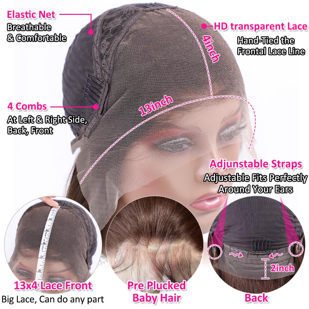 13x4 Brown Lace Front Wigs Human Hair with Baby Hair - 180% Density Straight Lace Frontal Wig - Pre Plucked Hairline - 4# Brown Color - 28 Inch - Perfect for Daily Wear, Cosplay & Special Occasions