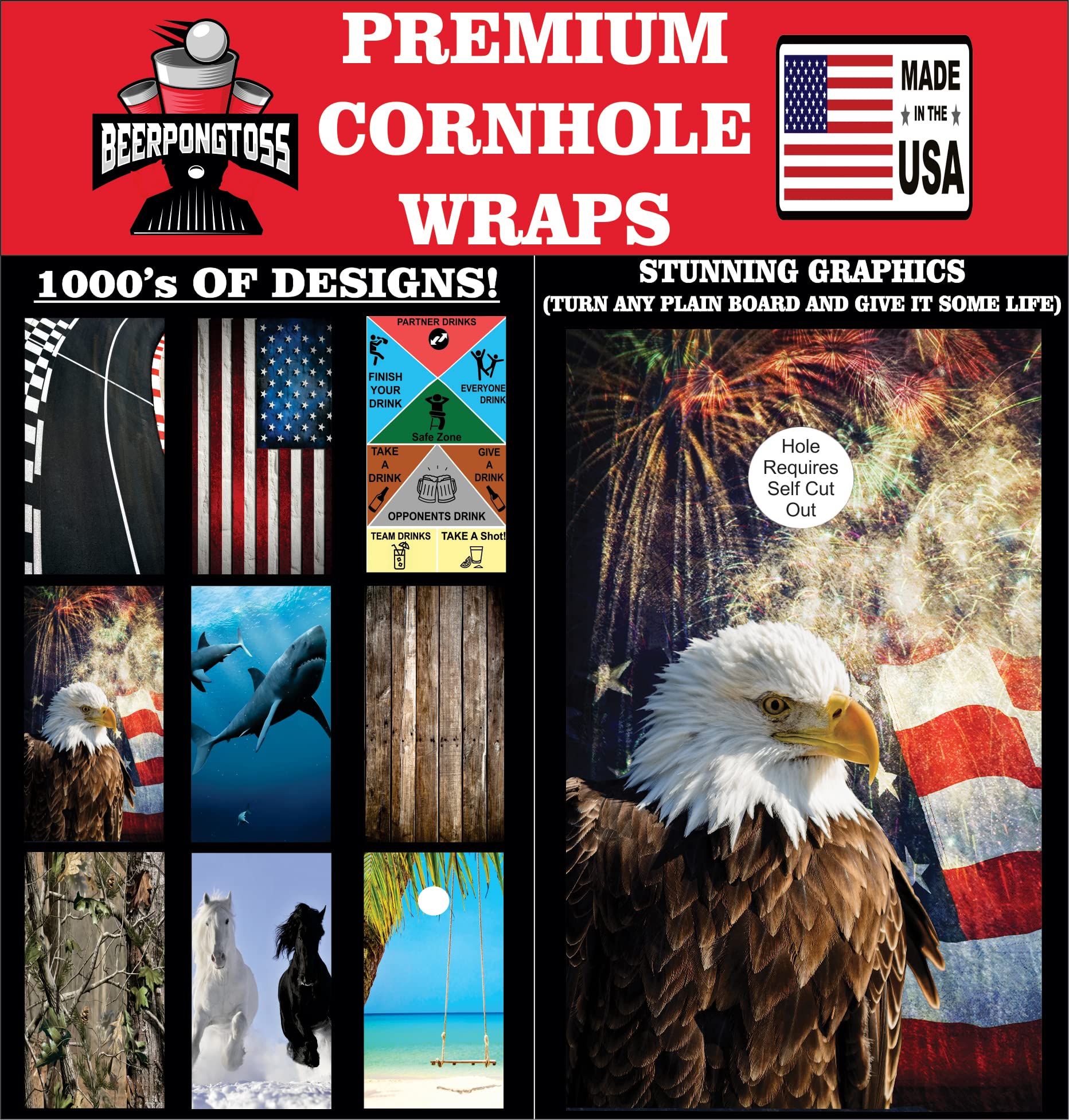 Patriotic Cornhole Board Vinyl Wrap Decals Set of 2 - American Flag & Eagle Design Bean Bag Toss Game Stickers for Outdoor Parties, Tailgating, and Backyard Fun