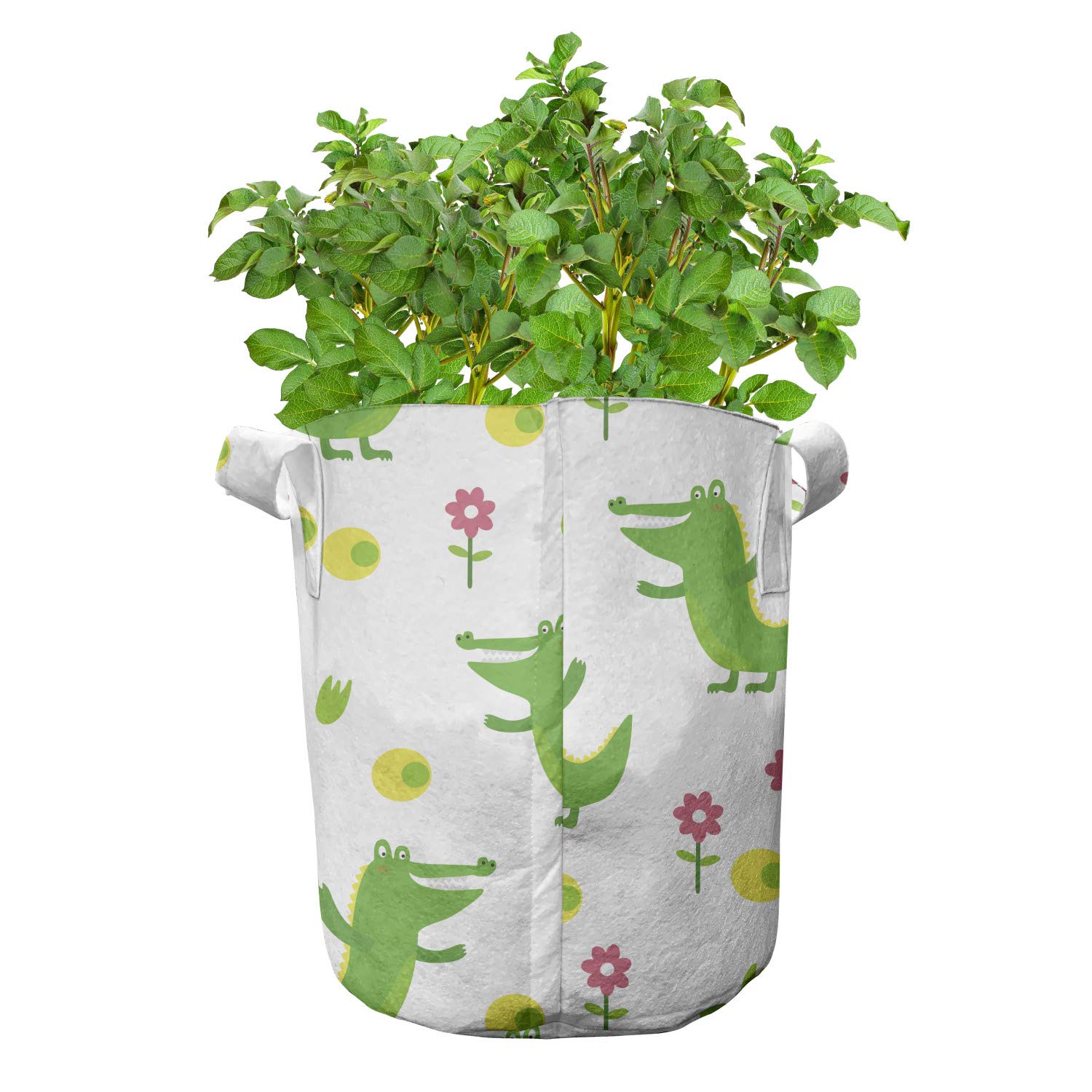 Lunarable Alligator Grow Bags 5-Pack - Heavy Duty Fabric Plant Pots with Handles, Cheerful Animal & Flower Print in Lime Green, Yellow & Pink - Perfect for Indoor/Outdoor Gardening, Container Plants & Vertical Farming