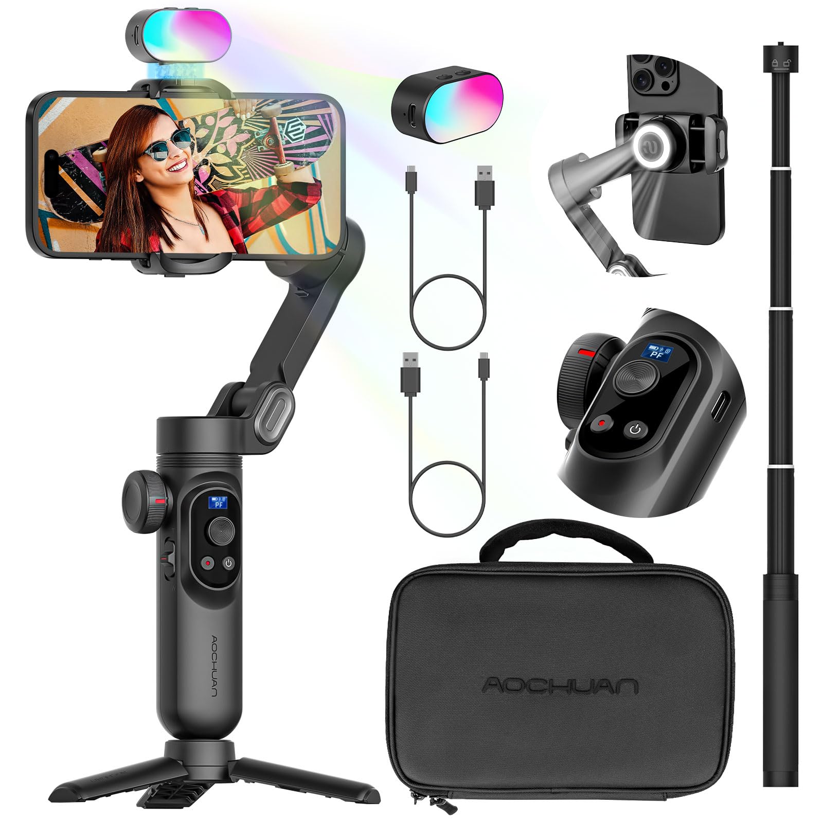Professional 3-Axis Smartphone Gimbal Stabilizer with RGB Fill Light, Extension Rod & OLED Display - Wireless Charging Compatible with iPhone 15/14/13 Pro/Max & Galaxy S22 - Perfect for TikTok, YouTube & Vlogging (Smart X Pro Combo1)