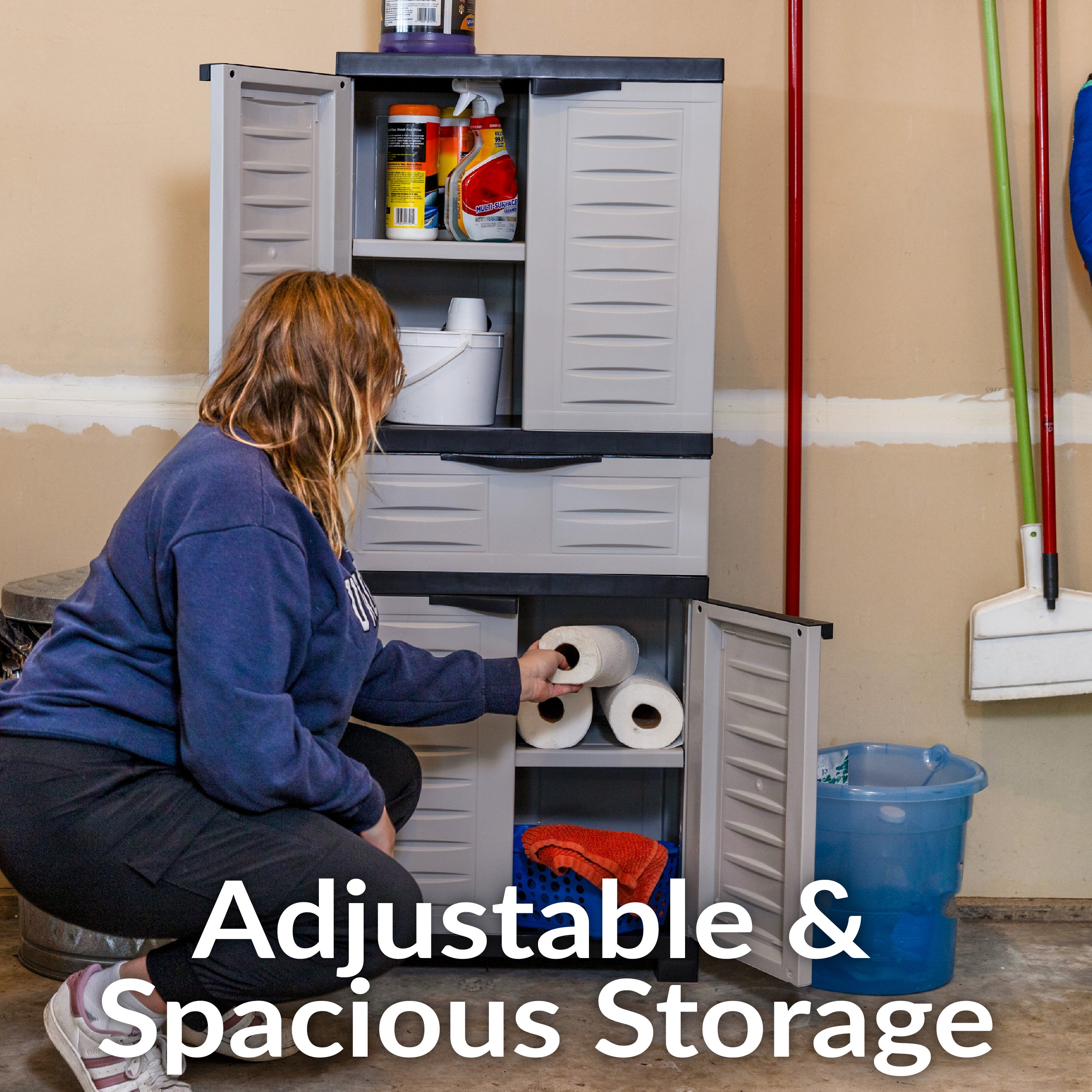 Durable Plastic Garage Storage Cabinet with 2 Adjustable Shelves - Heavy Duty Utility Organizer for Tools, Gardening Supplies & Home Organization
