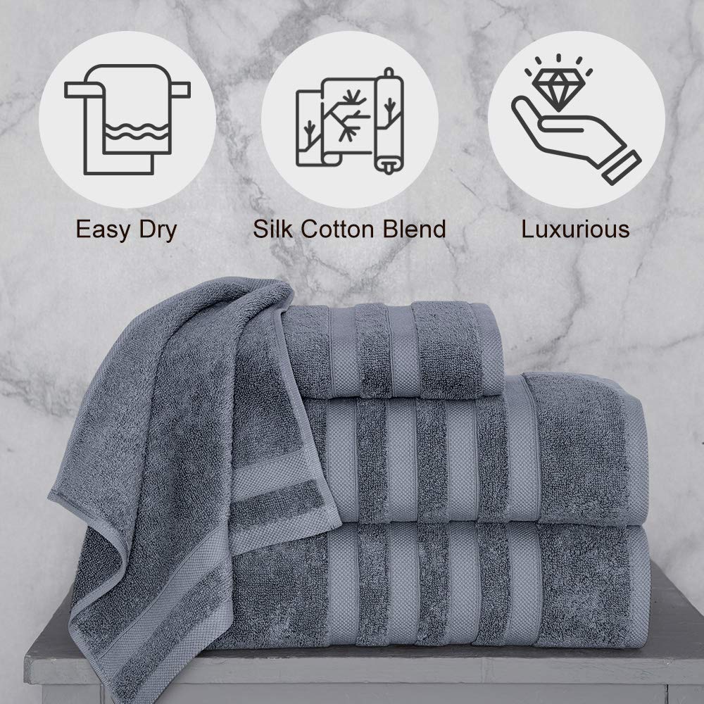 Luxury Italian Silk & Cotton Modal Bath Towel Set - 4 Piece Quick Dry Highly Absorbent Bathroom Towels (2 Bath Towels, 1 Hand Towel, 1 Washcloth) - Ultra Soft & Comfy for Spa, Hotel & Home Use - Grey