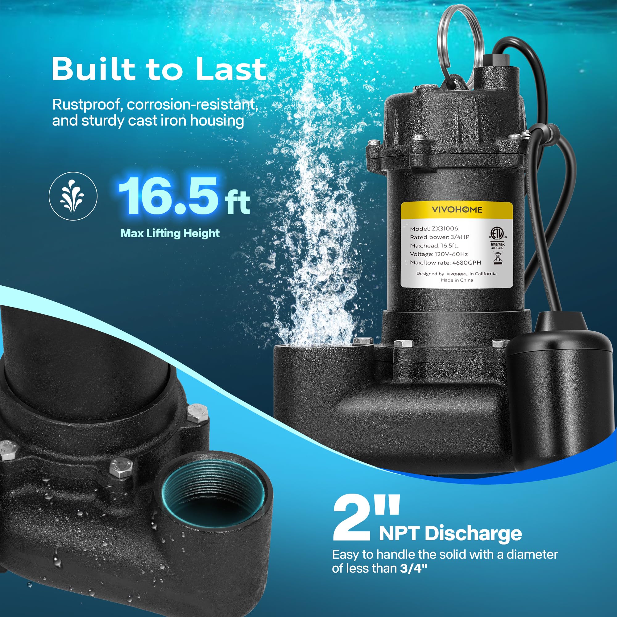 VIVOHOME 3/4 HP Submersible Cast Iron Sewage Pump with Float Switch - 4680 GPH, 2'' NPT Discharge - Heavy Duty Effluent Pump for Basement, Septic Tank, Flood Control & Water Transfer