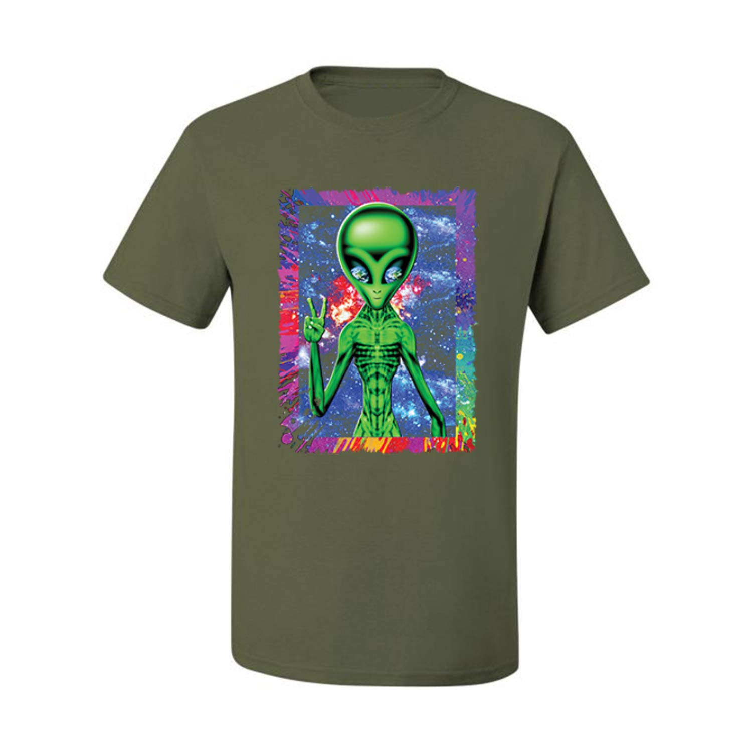 Trippy Alien in Space Peace Hand Graphic T-Shirt for Men | Pop Culture Tee | Perfect for Music Festivals & Streetwear Fashion