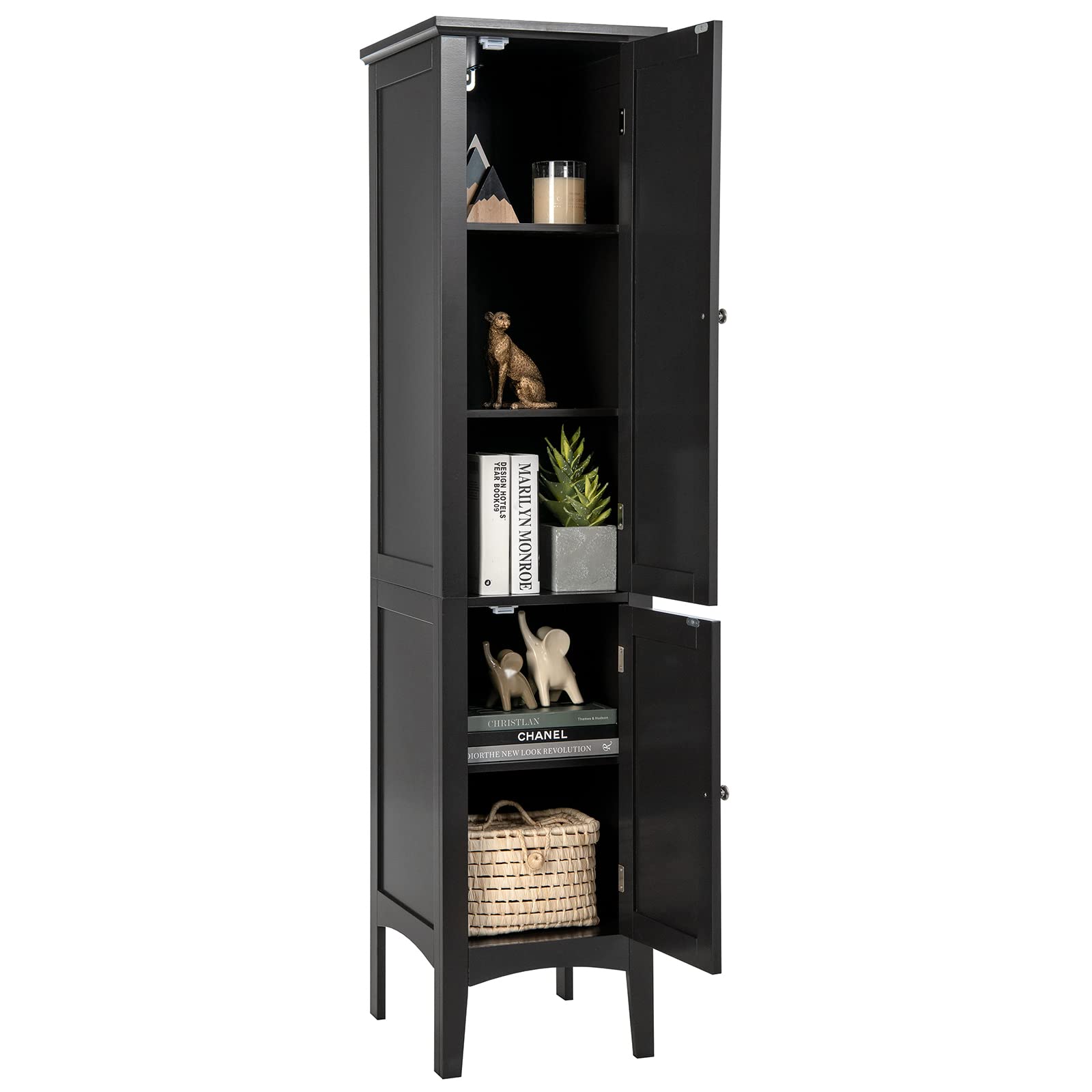 Tangkula 5-Tier Tall Bathroom Storage Cabinet - Freestanding Wooden Floor Cabinet with 2 Doors & Shelves for Bathroom, Living Room, Kitchen Organization (Black) | Space-Saving Storage Solution for Small Spaces