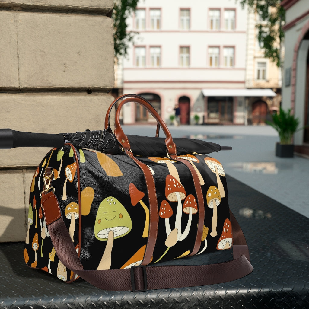 Retro Mushroom Print Waterproof Overnight Travel Bag - Vintage Style Faux Leather Straps & Handles - Perfect for Weekend Getaways, Music Festivals & Boho Fashion