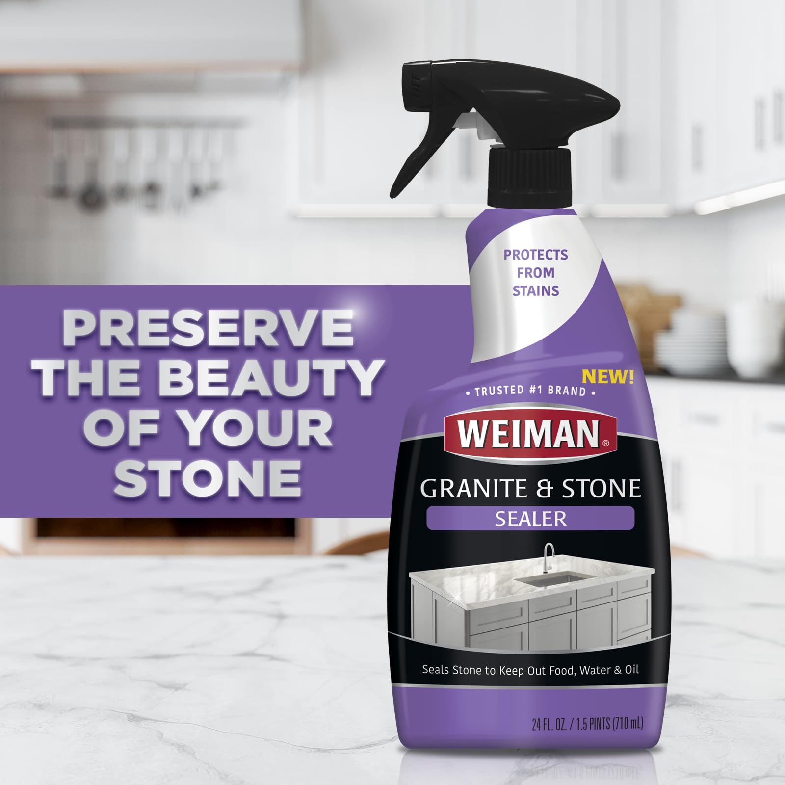 Weiman Granite & Stone Sealer Spray - 24 oz Water-Based Protector for Kitchen Countertops, Bathroom Sinks, Showers, Vanities & Floors - Safe for Granite, Quartz, Marble, Tile, Limestone & Slate - Prevents Stains & Etching - Perfect for Daily Kitchen & Bathroom Protection