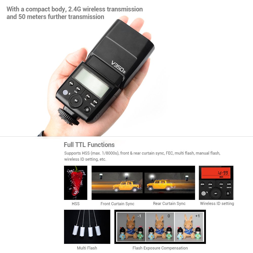 Lechnical V350S 2.4G Wireless TTL Camera Flash with HSS 1/8000s, 2000mAh Li-ion Battery & Charger - Compatible with Sony A77II, A7RII, A7R, A58, A99, ILCE6000L - Perfect for Portrait, Wedding & Studio Photography
