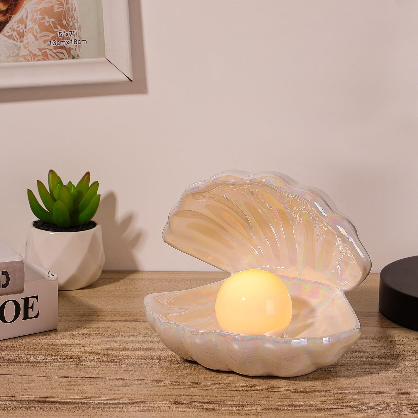 Natural Pearl in Shell Night Light - Ceramic Desktop Lamp for Bedroom, Living Room & Nursery Decor | Soothing Ambient Lighting for Relaxation & Sleep