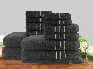 14-Piece Classic Dobby Stripe Cotton Towel Set - 650 GSM Ultra Absorbent Bath Towels, Hand Towels & Washcloths - Charcoal Gray - Perfect for Spa, Bathroom & Guest Use