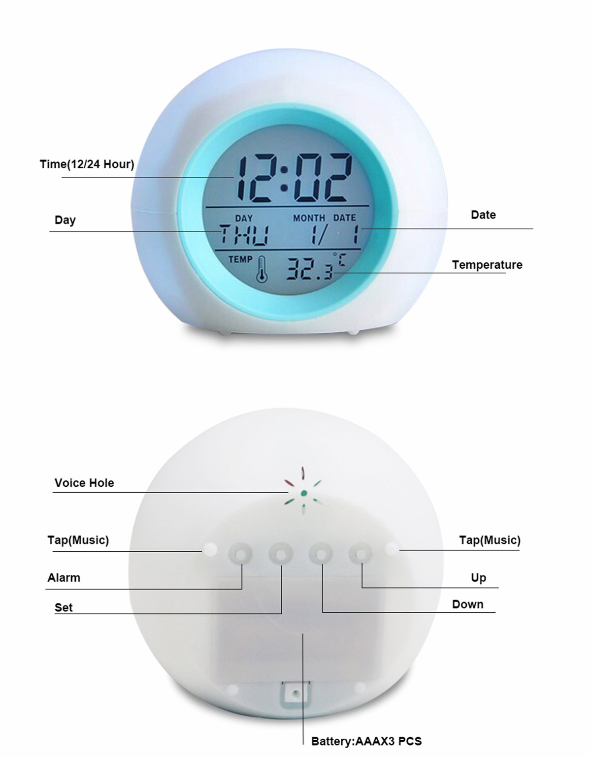 Kids Digital Alarm Clock with Temperature Display & 7-Color LED Changing Light - 5 Natural Music Songs for Bedroom, Nightstand, or Nursery | Perfect for Sleep Training & Gentle Wake-Ups