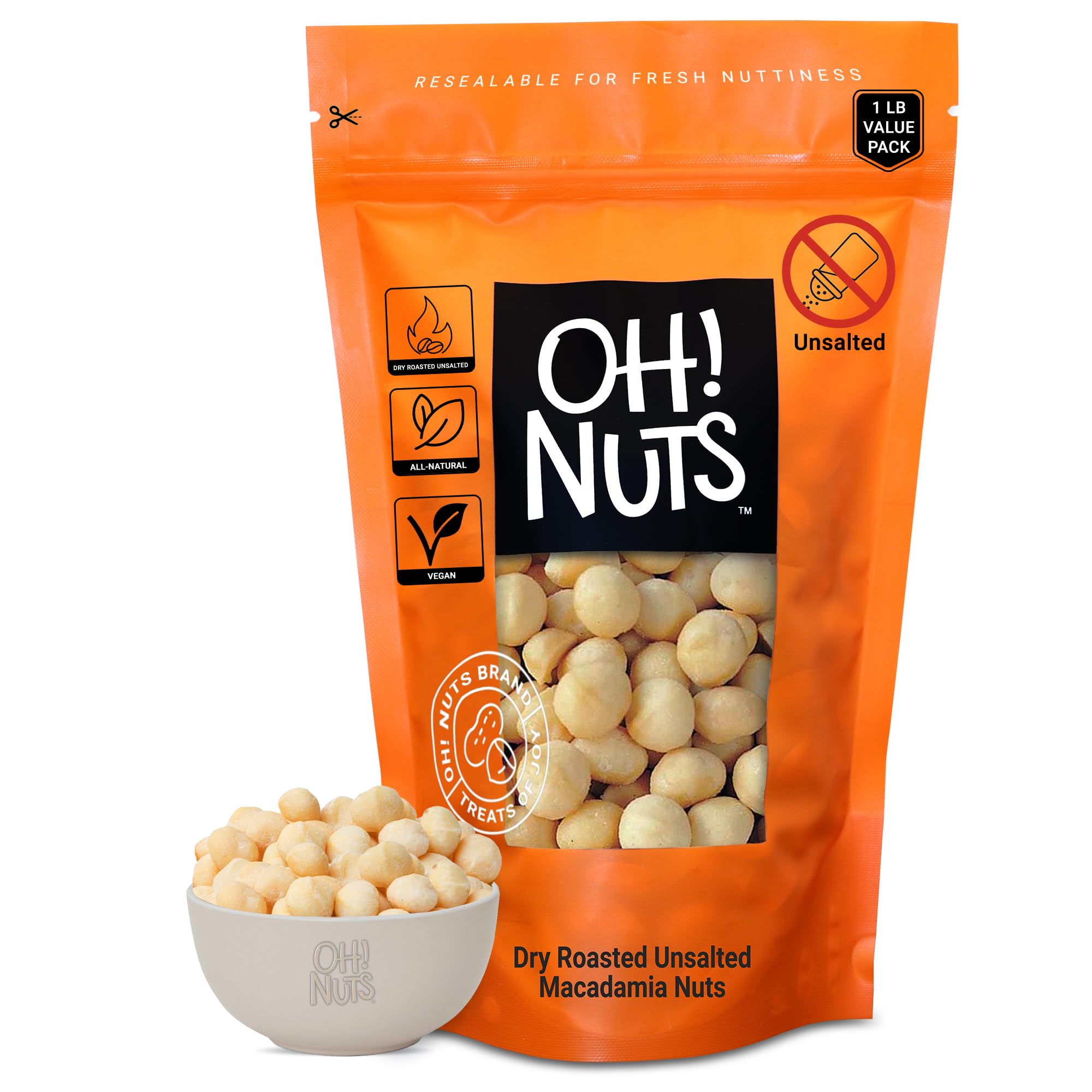 Premium Dry Roasted Unsalted Macadamia Nuts - 1 lb Bag | Oven Roasted Without Oil | Freshness Sealed in New York | Perfect for Snacking, Baking & Gift Giving | Oh Nuts Brand