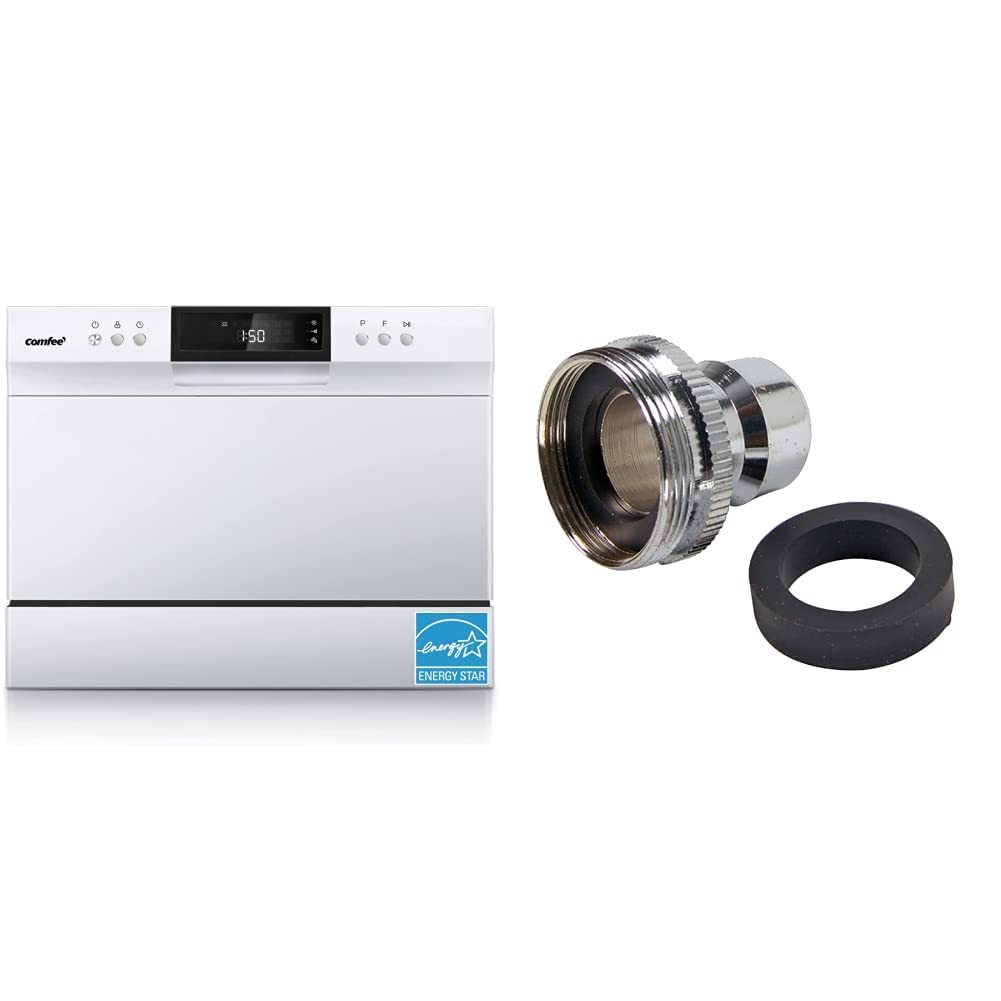 COMFEE’ Portable Countertop Dishwasher - 6 Place Settings, 8 Wash Programs, Compact Design in White | Perfect for Apartments, RVs & Small Kitchens | Includes Danco Chrome Faucet Adapter (15/16-27 Male or 55/64-27 Female)