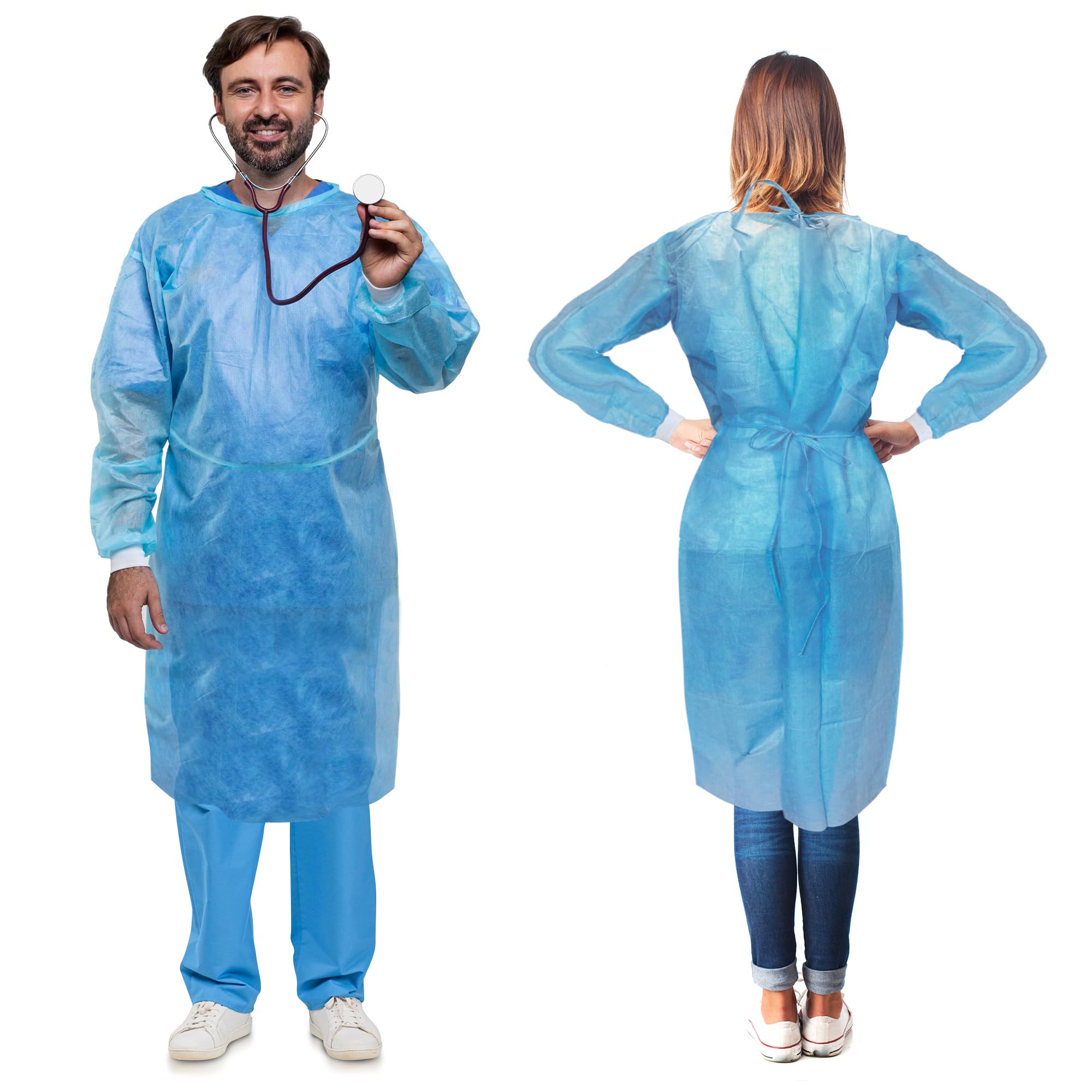 AMZ Medical Supply Disposable Isolation Gown - Large Size (10 Pack) | Blue 45 GSM SMS Material | Fluid Resistant & Breathable PPE with Knit Wrists & Long Back Ties | Ideal for Hospitals, Clinics & Home Healthcare Protection