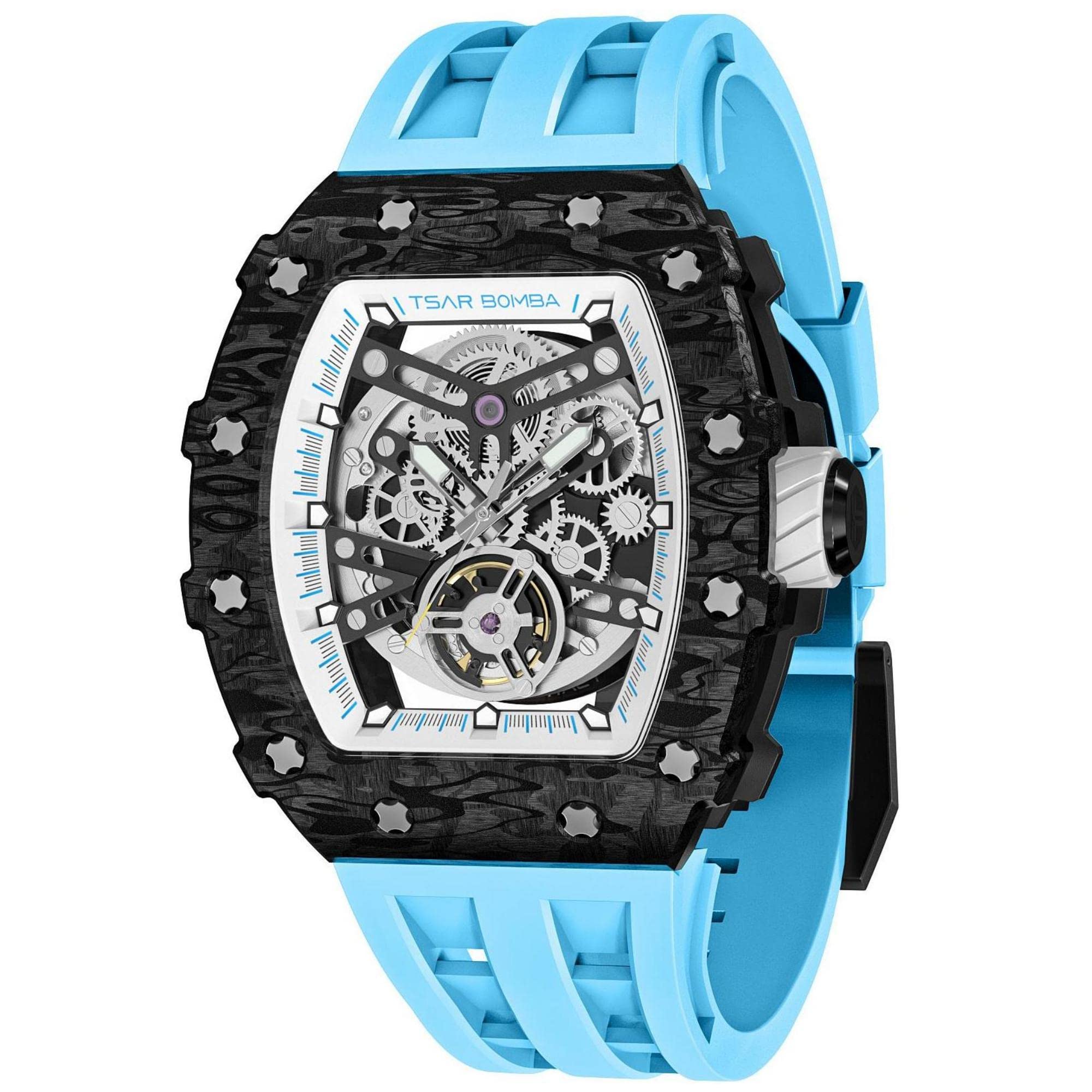TSAR BOMBA Men's Skeleton Watch - 50M Waterproof, Big Black Dial, Silicone Band - Perfect for Gifts & Outdoor Adventures