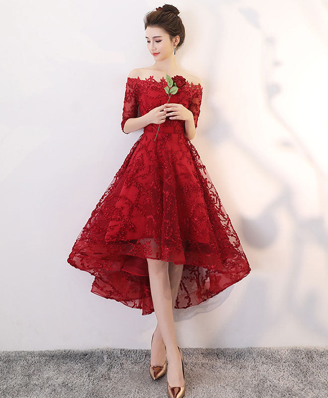 Elegant Burgundy Tulle Lace High-Low Prom Dress for Homecoming - Perfect for Formal Dances, Evening Parties & Special Occasions