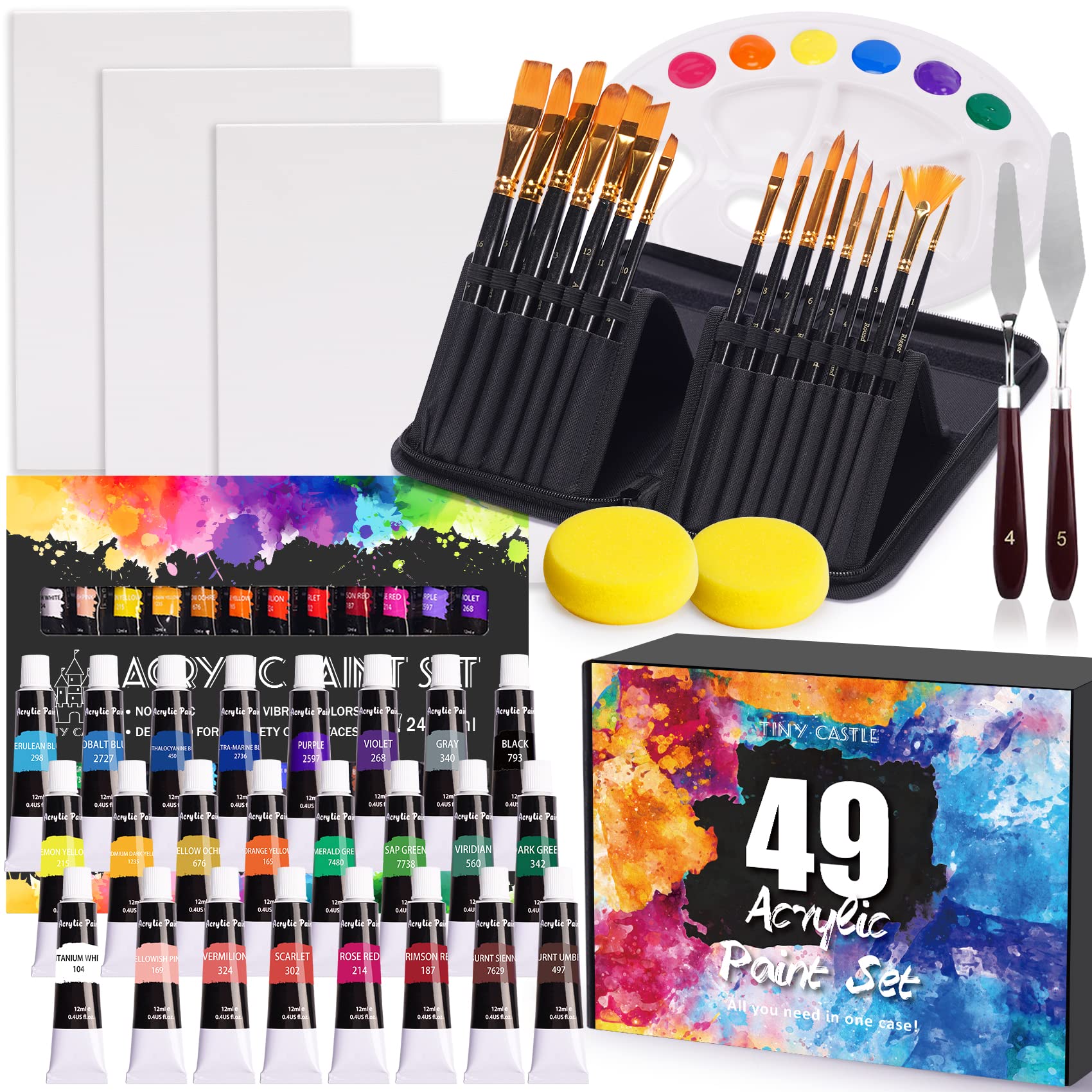 49-Piece Professional Acrylic Paint Set with 24 Colors, 16 Brushes, Canvases, Palette & Tools - Complete Painting Kit for Artists, Hobbyists & Beginners | Perfect for Canvas Art, DIY Projects & Home Decor