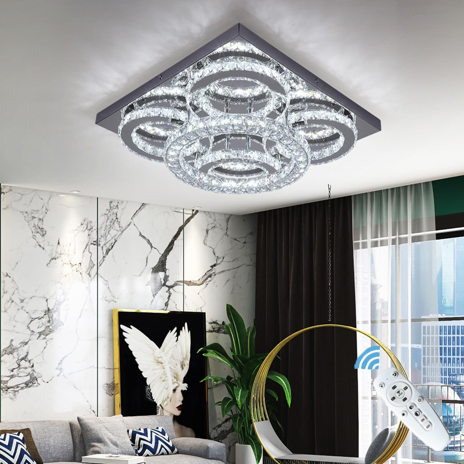 GreeLustr Modern Crystal Ceiling Light Fixture - 5 Ring Dimmable LED Chandelier with Remote Control, Flush Mount Lighting for Bedroom, Living Room & Dining Room | Energy Efficient Home Decor Lighting Solution