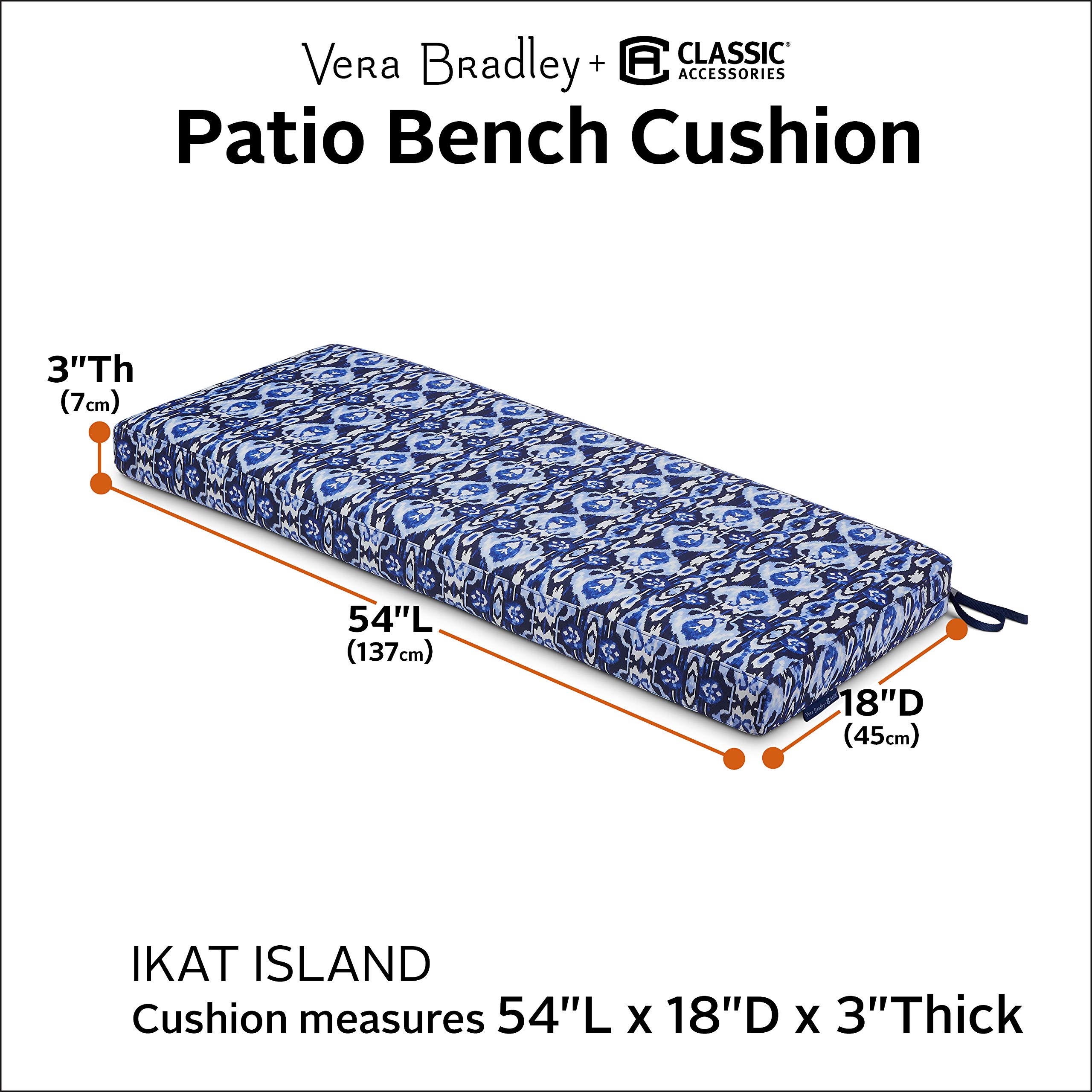 Vera Bradley Water-Resistant Patio Bench Cushion 54 x 18 x 3 Inch - Ikat Island Pattern Outdoor Furniture Cushion for Garden, Deck, Porch & Poolside Seating