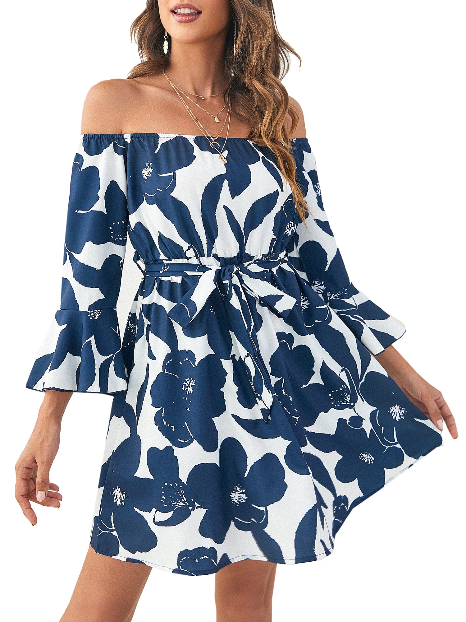 Women's Off Shoulder Ruffle Floral Summer Dress - A-Line Short Skater Dress with Belt for Wedding Guest, Party, Cocktail & Vacation Outfits