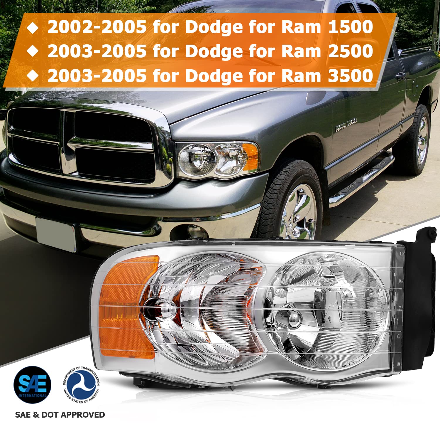 Dodge Ram 1500 2500 3500 Headlight Assembly (2002-2005) - Chrome Housing with Amber Reflector & Clear Lens - Driver & Passenger Side Replacement Headlamps for Improved Night Driving Visibility