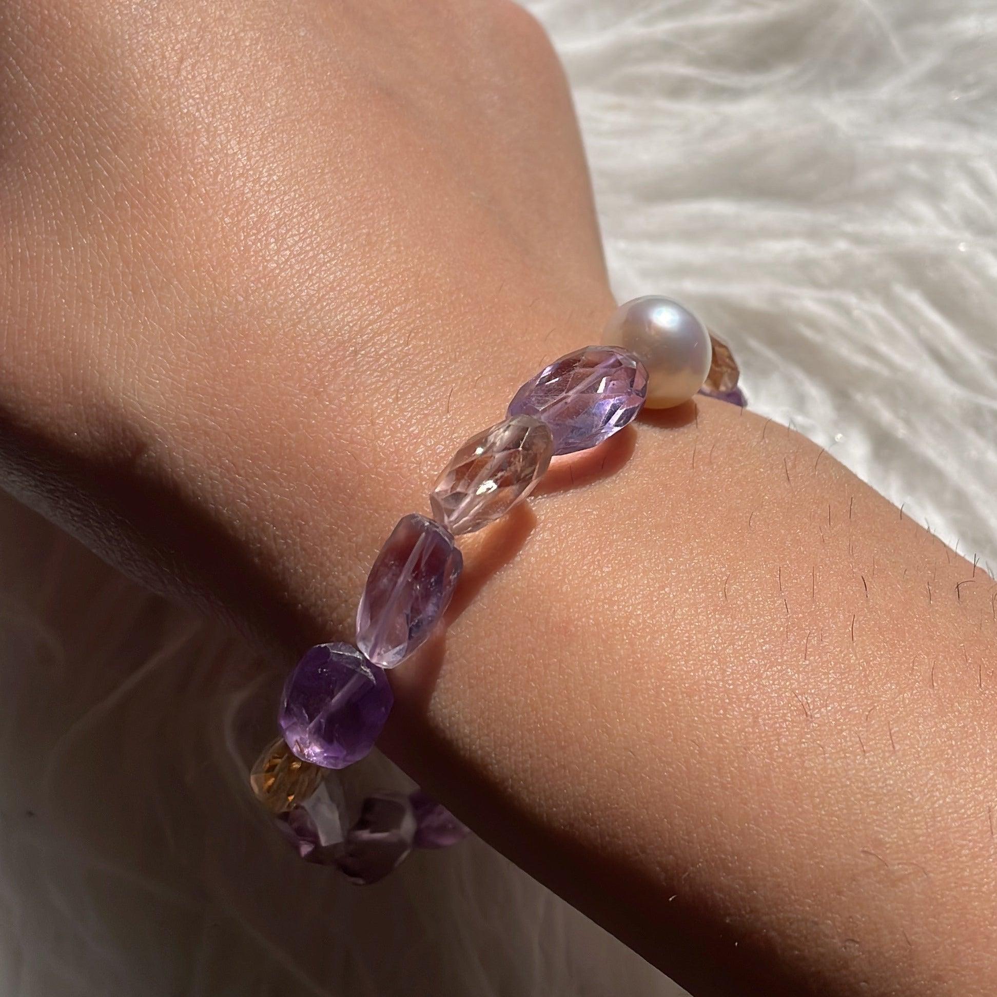 Ametrine Faceted Bead and Pearl Gemstone Bracelet - Elegant Handmade Jewelry for Women - Perfect for Parties, Weddings & Special Occasions