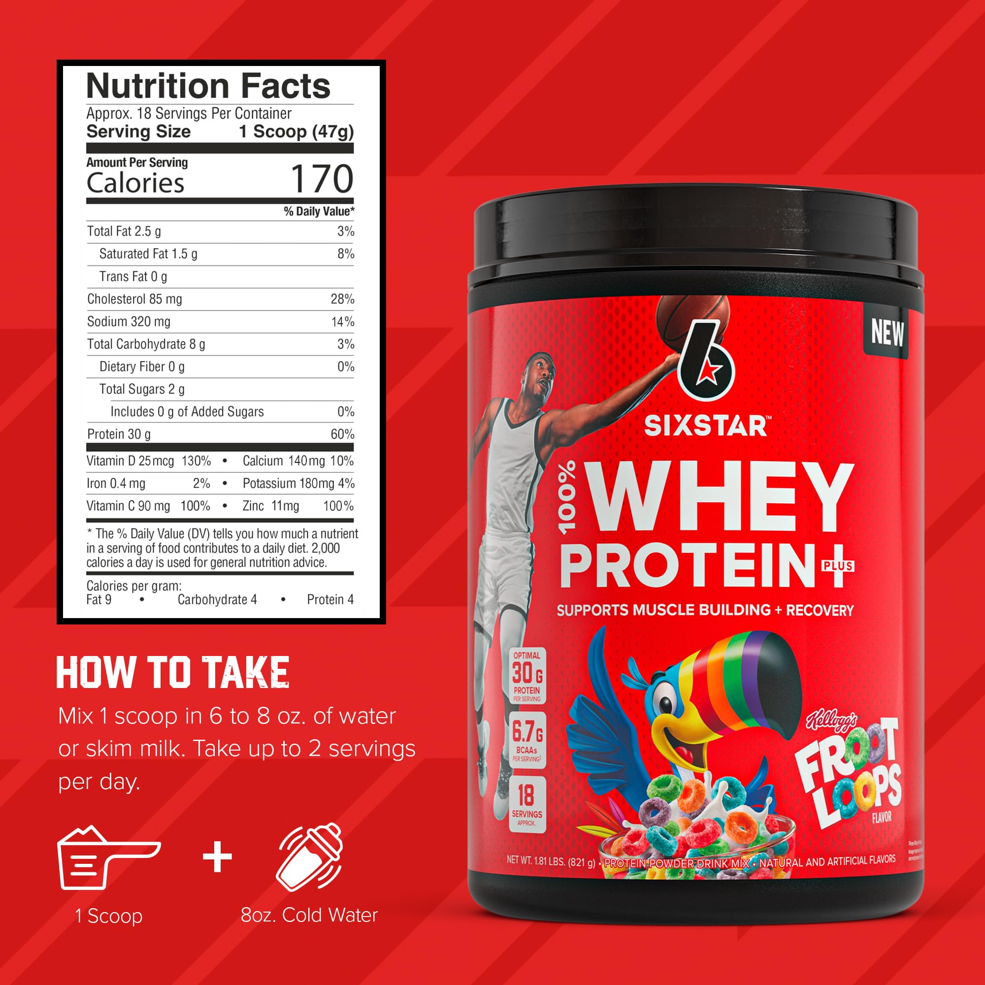Six Star Whey Protein Powder Plus - Muscle Building & Recovery Formula with 30g Protein, Whey Isolate, BCAAs for Immune Support - Post Workout Supplement in Kellogg’s Froot Loops Flavor (1.8 lbs) - Ideal for Gym Recovery, Muscle Growth & Healthy Lifestyle