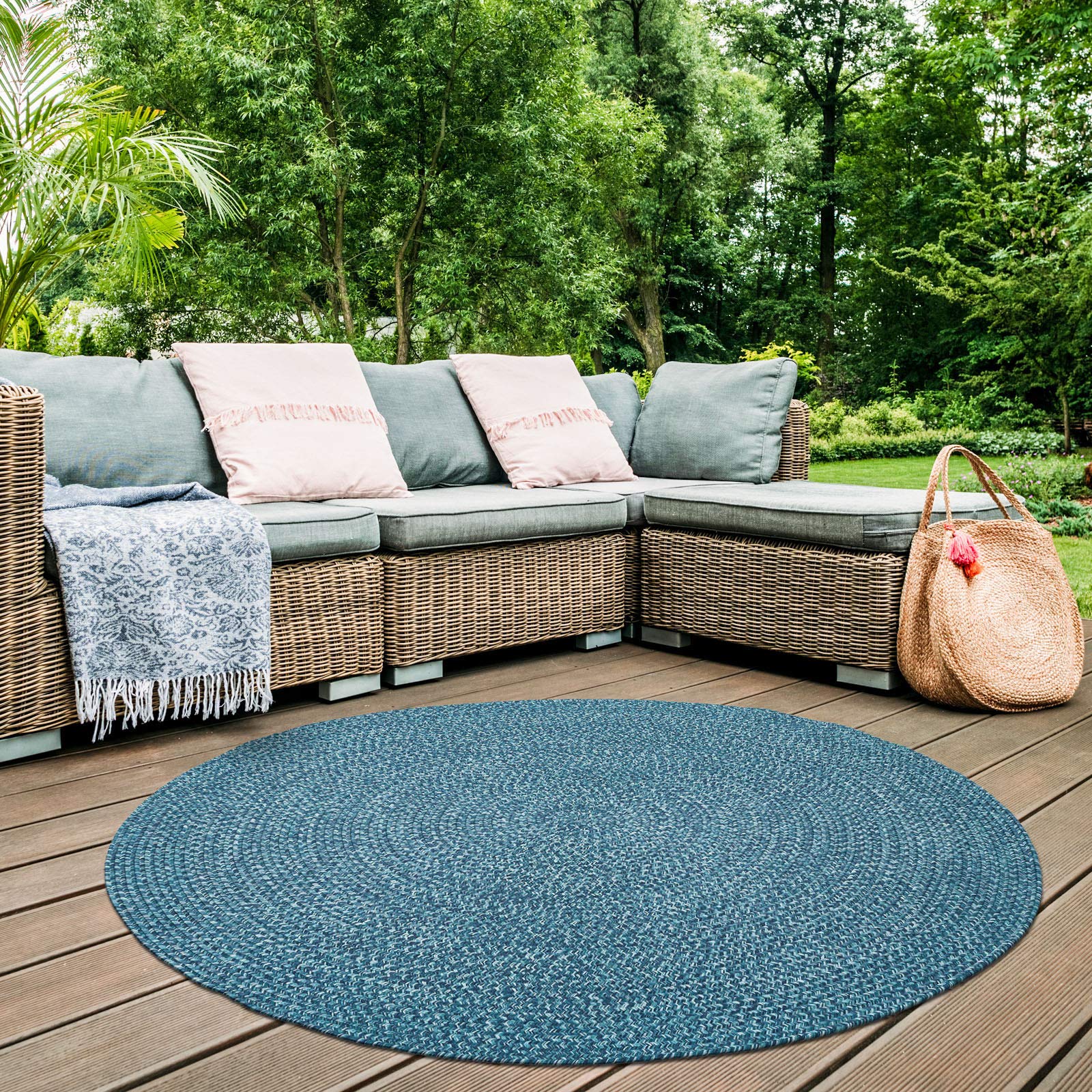 DECOMALL Azure Braided Indoor Outdoor Area Rugs - 8' x 8' Round Blue Rug for Patio, Deck, Living Room & Bedroom | Waterproof & Durable Floor Mat for Home Decor