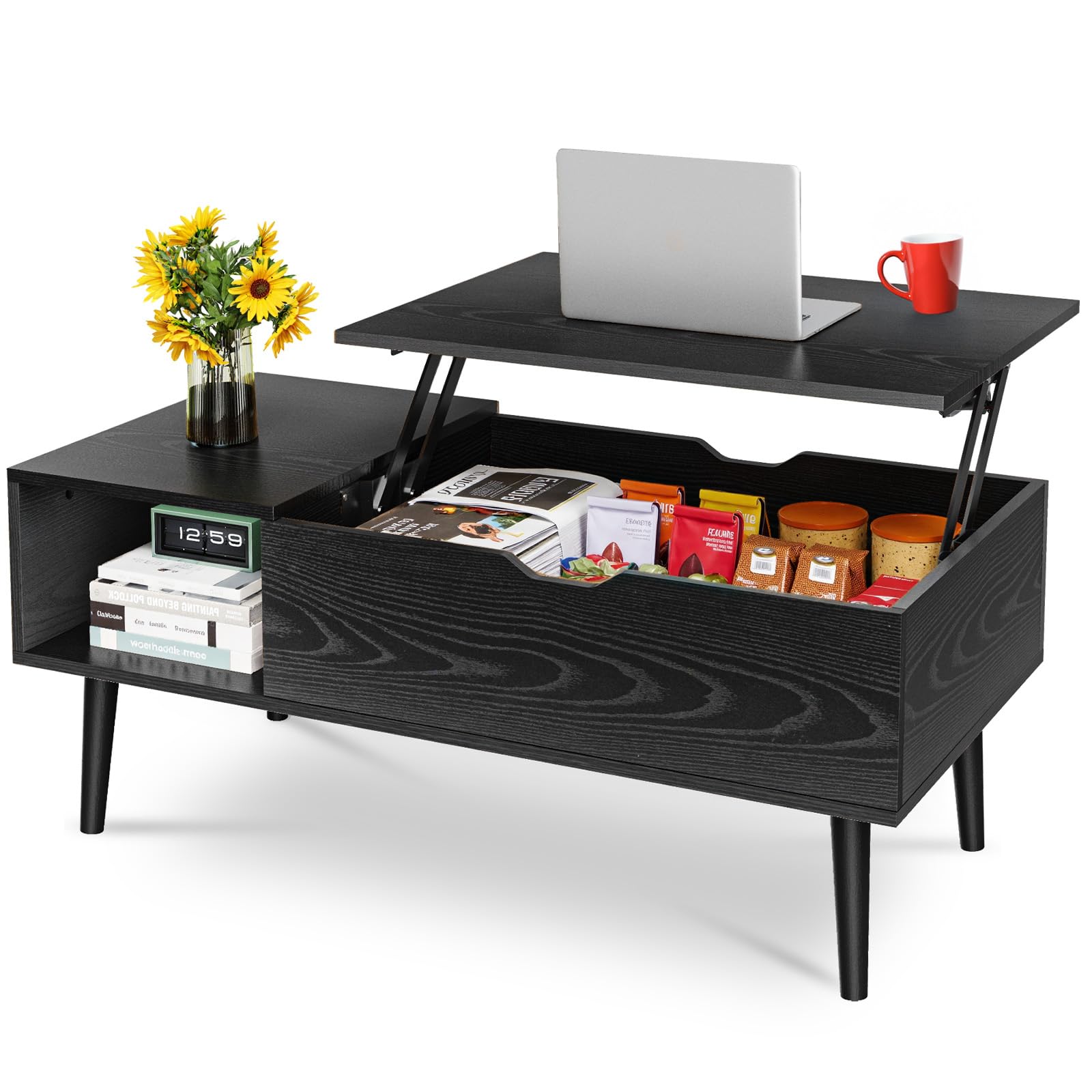 Wood Lift Top Coffee Table, Hidden Compartment and Large Storage Shelf, Versatile for Living Room, Home Office, and Dining, Black Finish