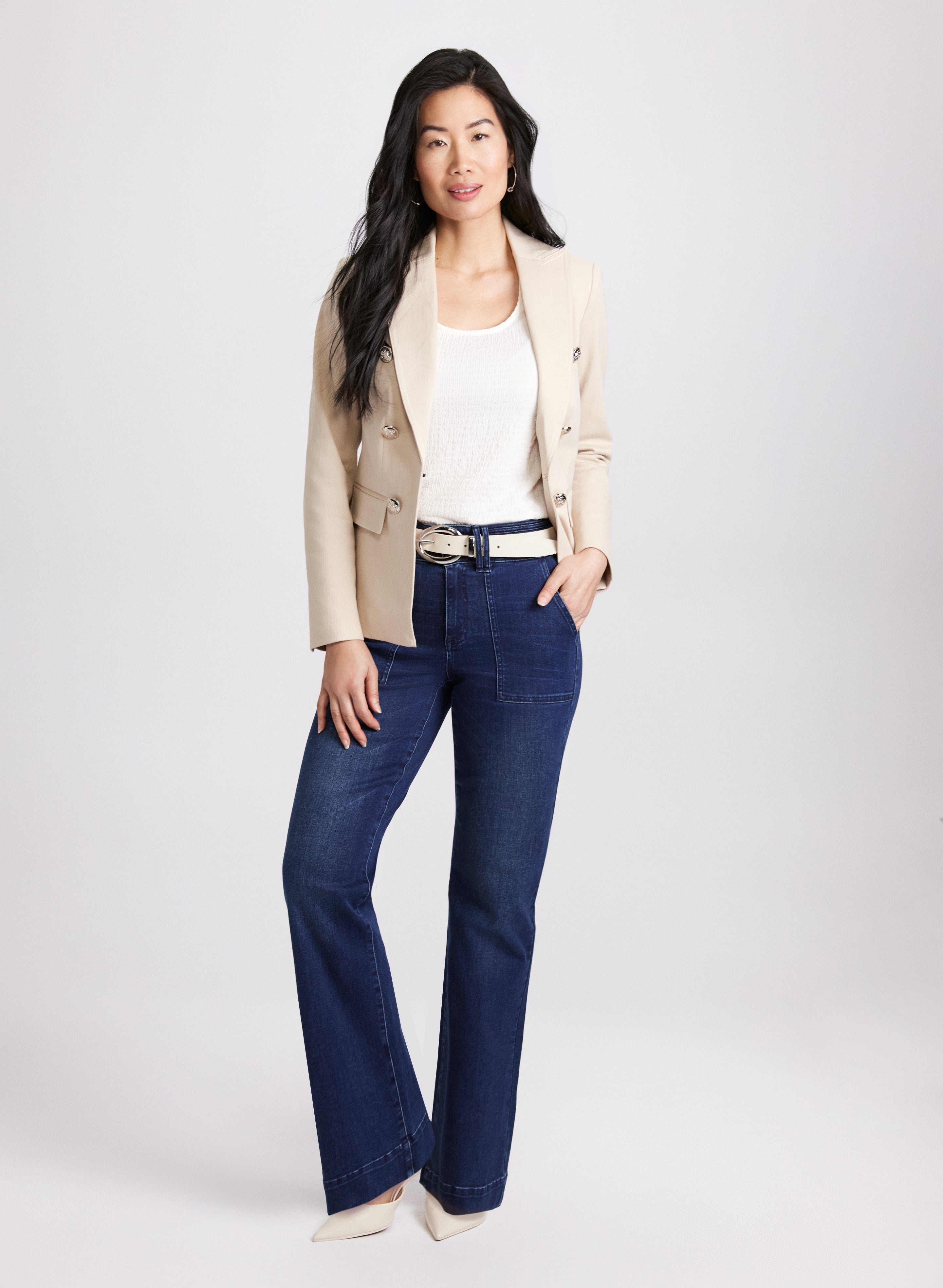 Stylish Denim Double Breasted Blazer & Flare Leg Jeans Set for Women - Office Wear & Casual Outfits - Perfect for Work, Date Night and Weekend Outings