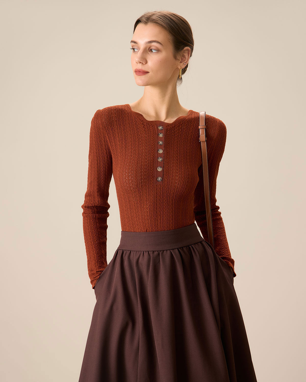 Women's Slim Fit Brown Round Neck Sweater - Soft & Cozy Knit Pullover for Fall & Winter Fashion, Casual Outfits, Office Wear & Layering